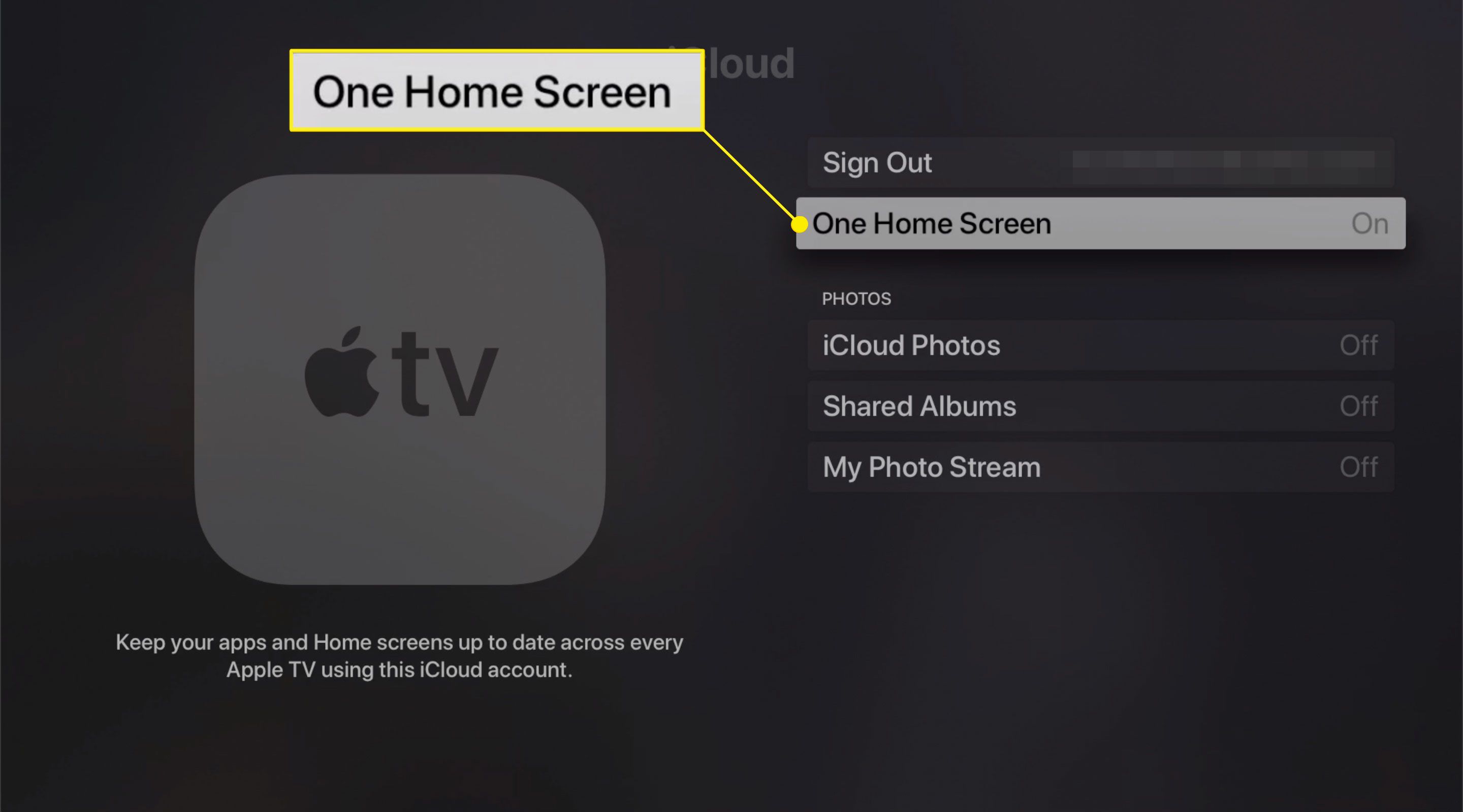 Eén startschermoptie in Apple TV-instellingen