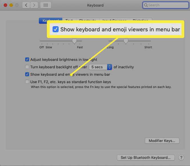 Toon toetsenbord- en emoji-viewers in de menubalk Systeemvoorkeuren in macOS.