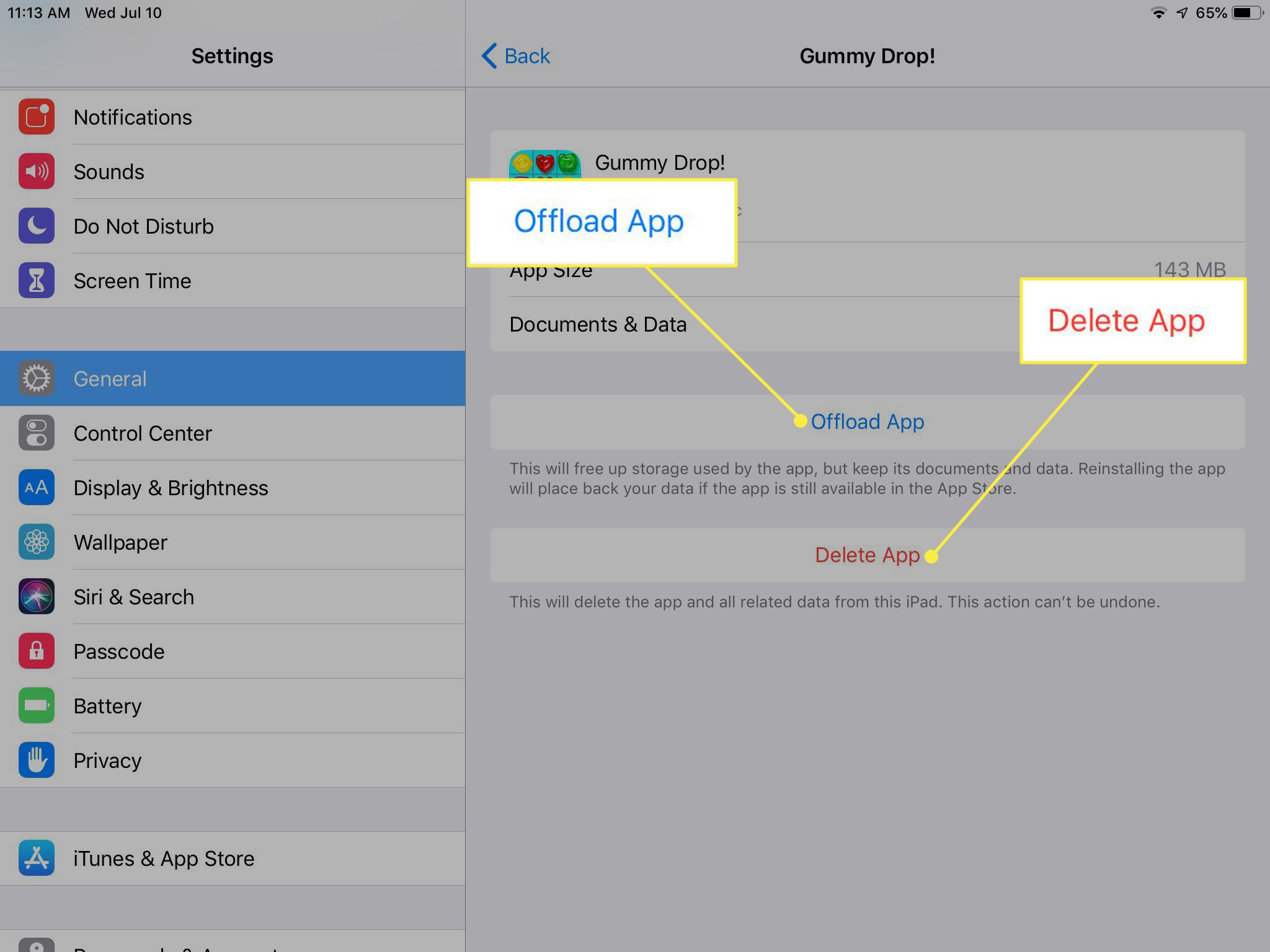 Een screenshot van een app in iPad Storage met de Offload App en Delete App opties gemarkeerd