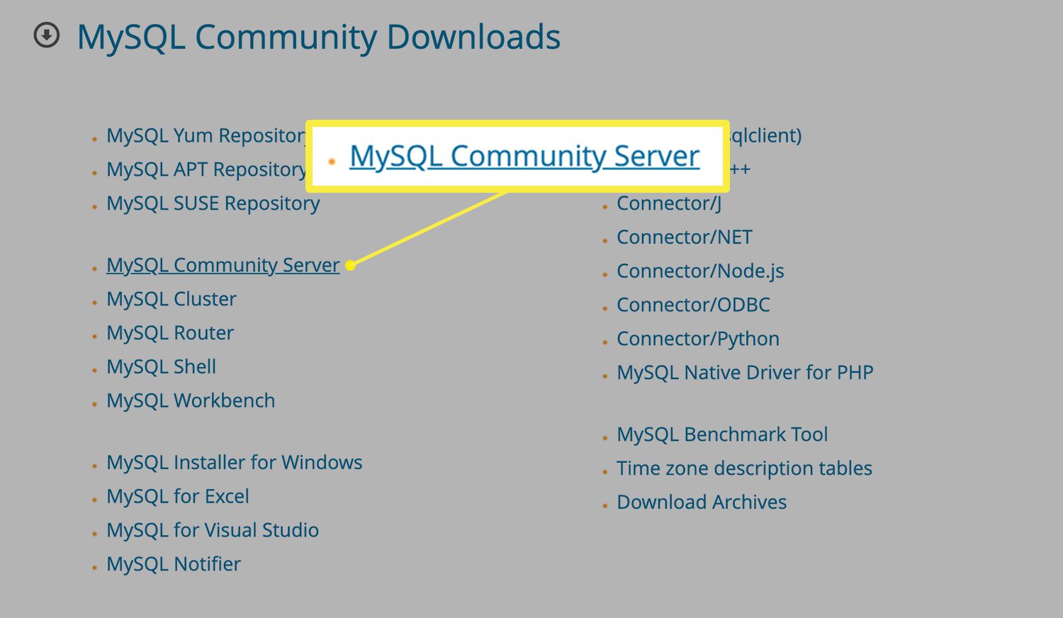 MySQL Community-downloads met de Community Server gemarkeerd