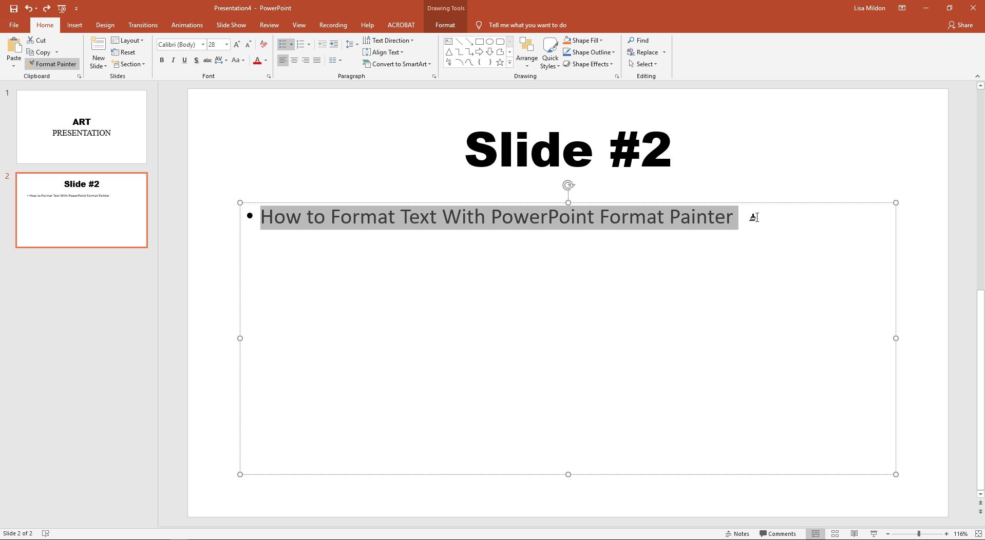 PowerPoint met de opmaakschilder die van toepassing is op een tweede tekstveld.
