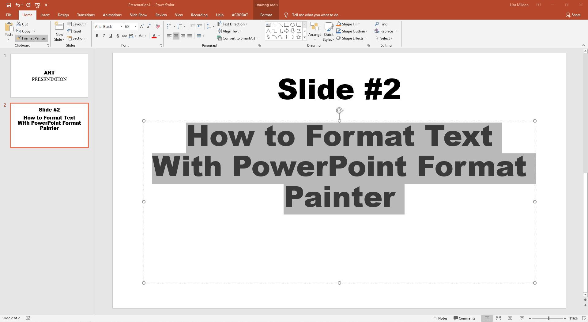 PowerPoint met de nieuw opgemaakte tekst.