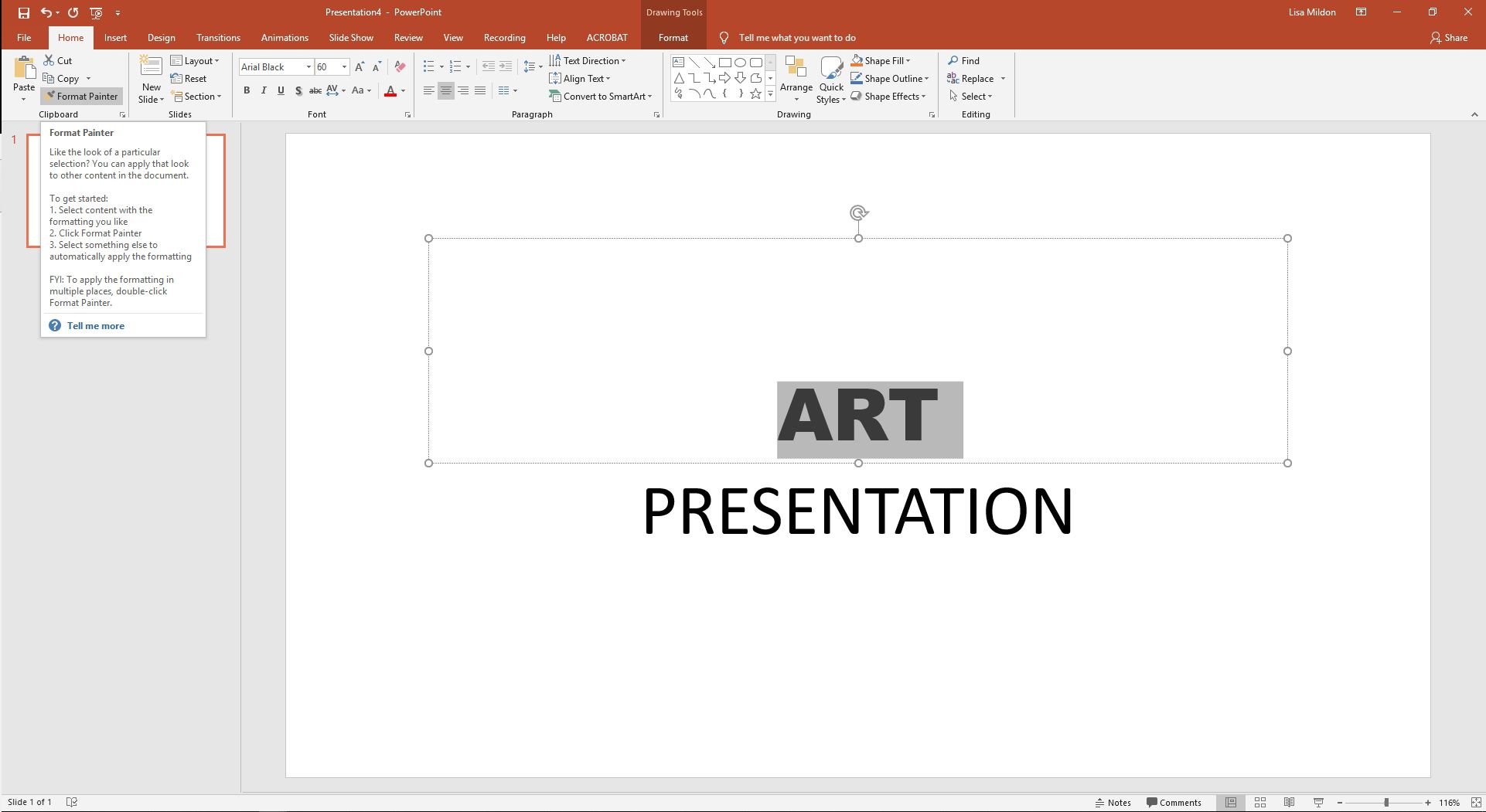 PowerPoint met het dialoogvenster Opmaak Painter.