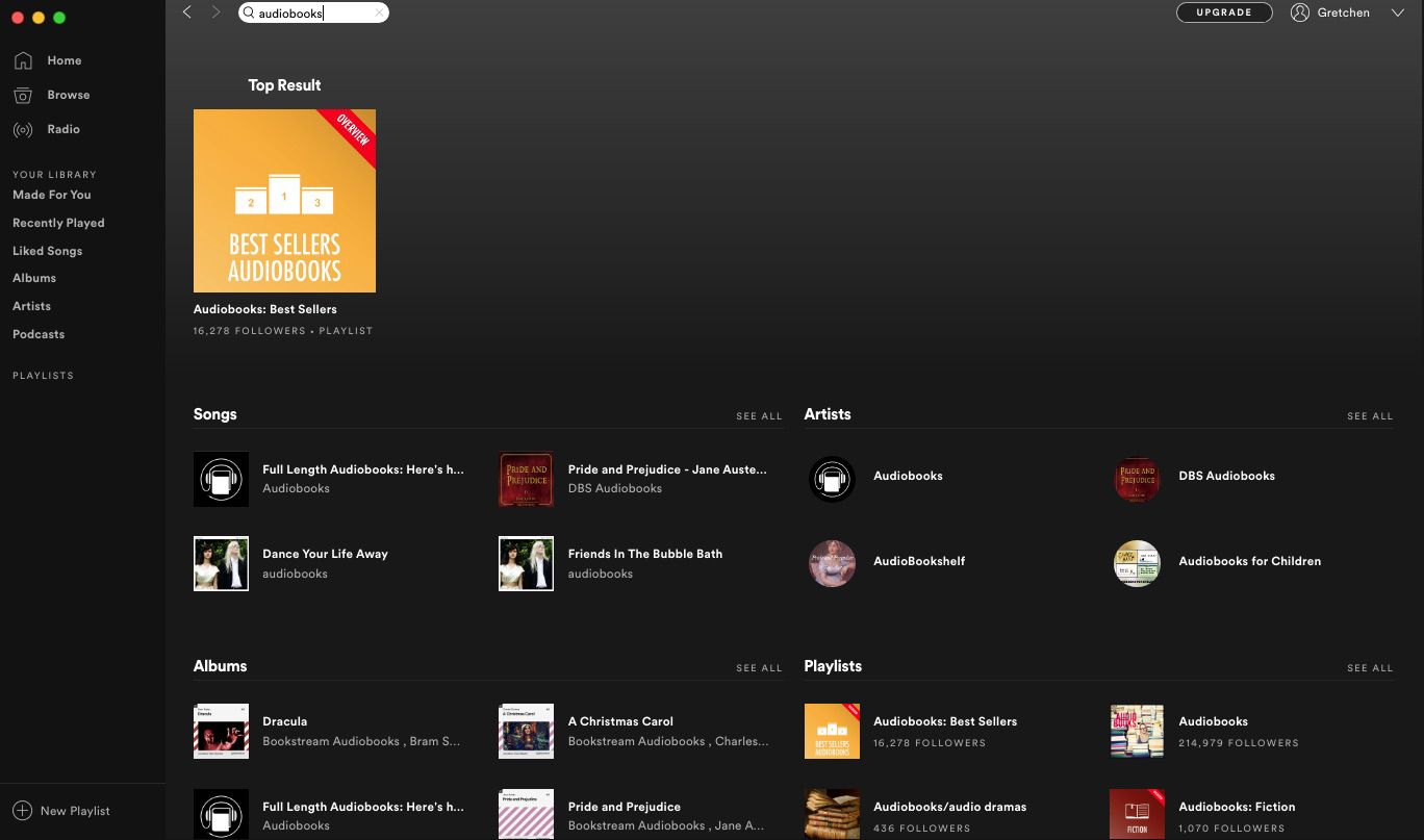 Een "Audiobook"-zoekopdracht in Spotify