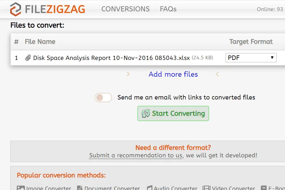 FileZigZag-website klaar om XLSX online naar PDF te converteren