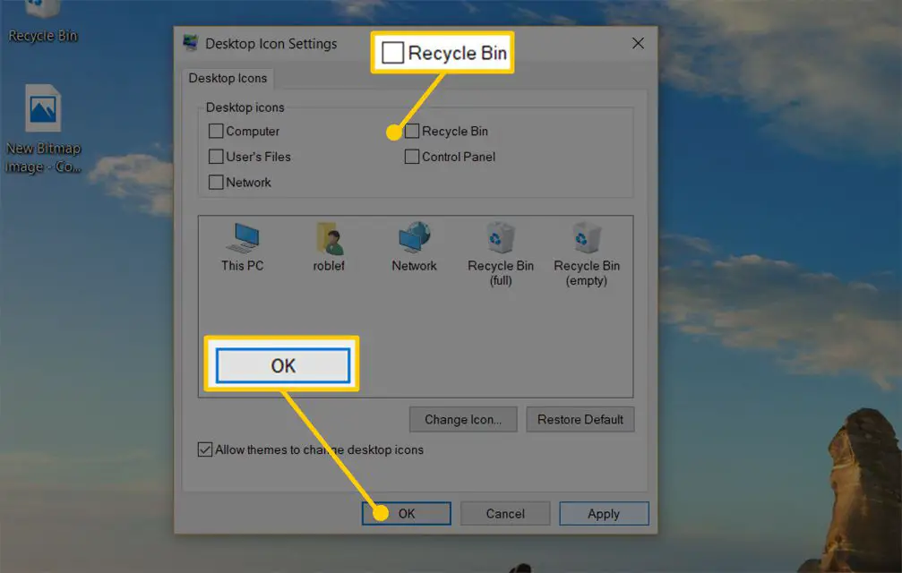 Schermafbeelding van het venster Instellingen bureaubladpictogram in Windows 10, met selectievakje Prullenbak en OK-knop