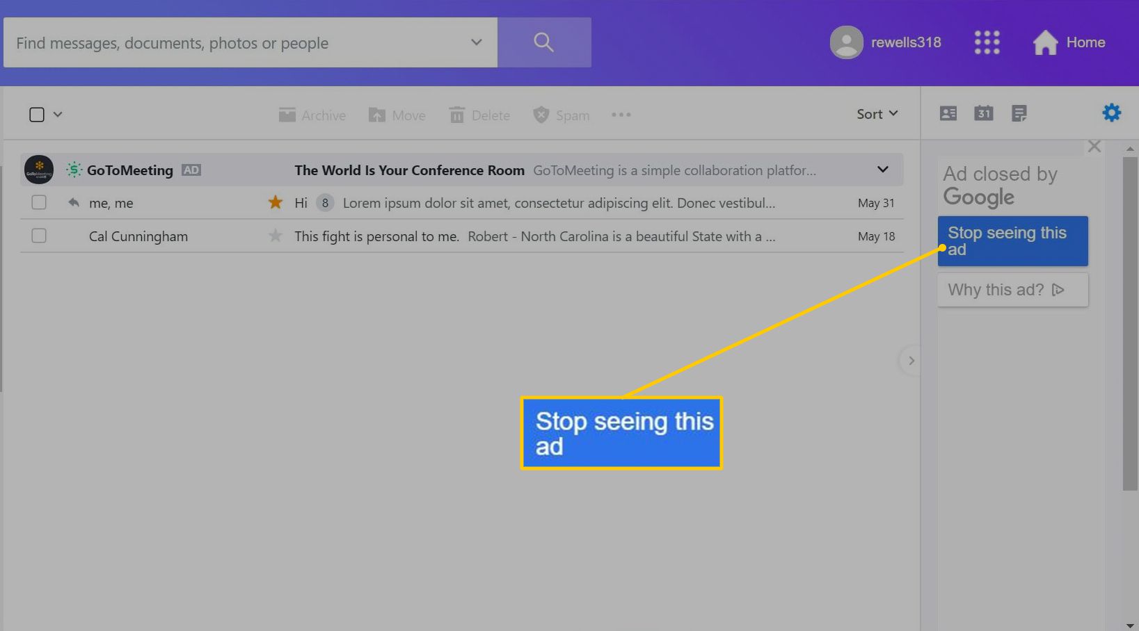 Stop met het zien van deze advertentie-optie in Yahoo Mail