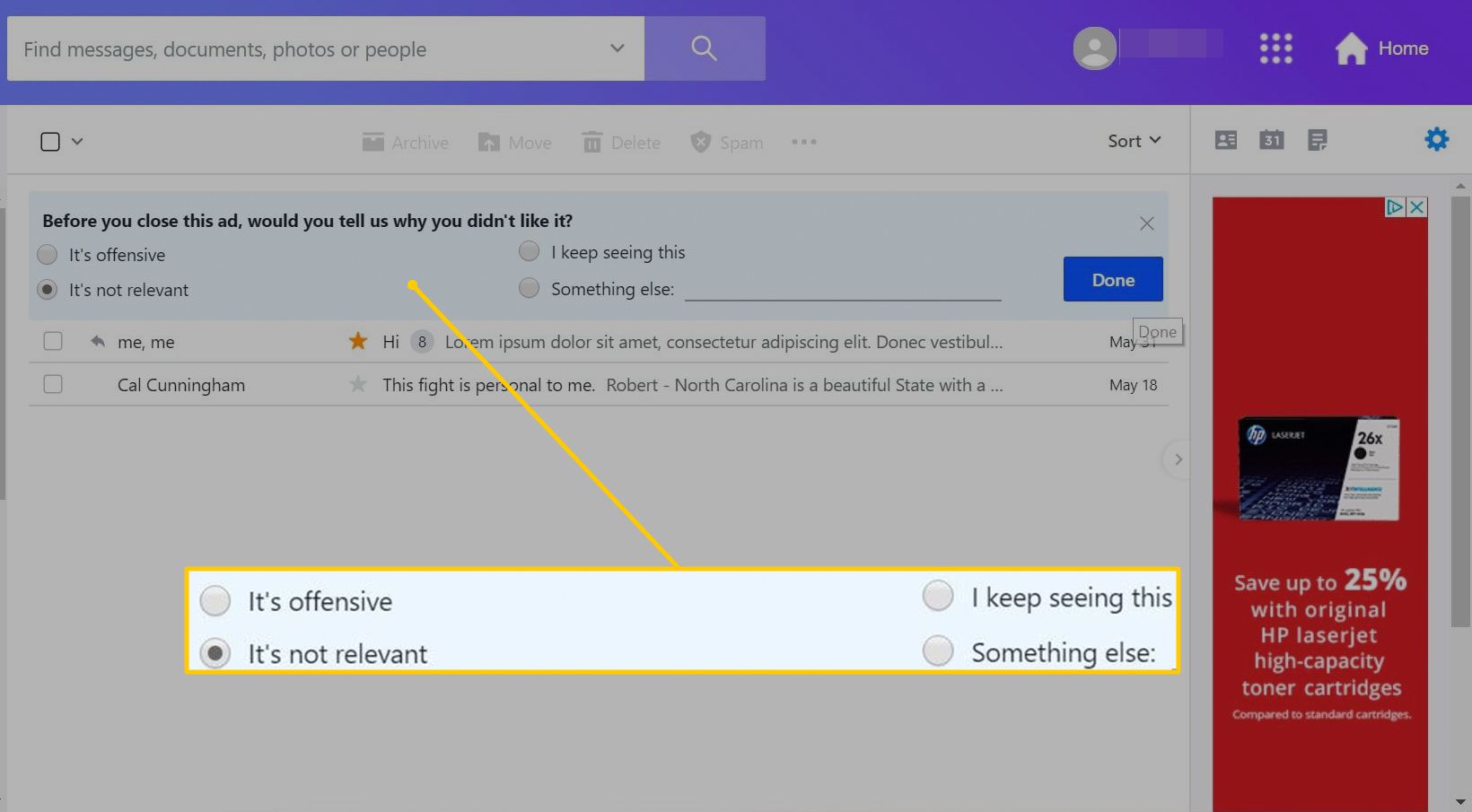 Vier opties waarom u een specifieke advertentie op Yahoo Mail voor het web niet leuk vindt