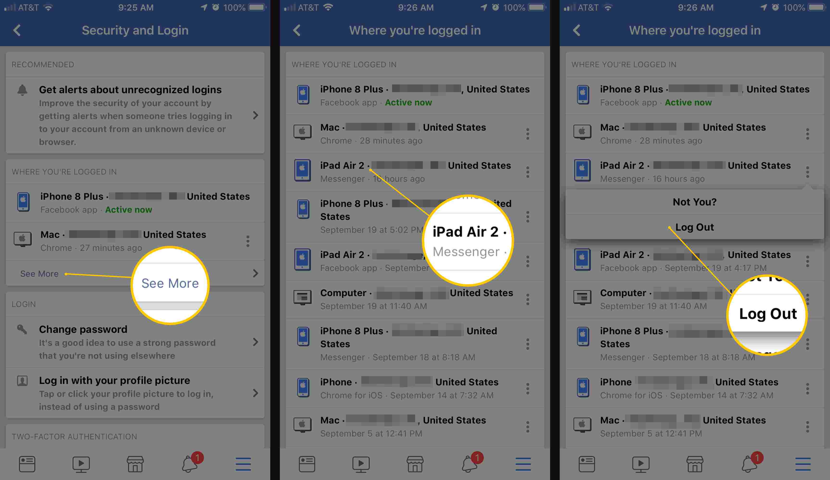 Drie iOS-schermen van de Facebook-app met de knoppen Meer weergeven, iPad Air 2 en Afmelden