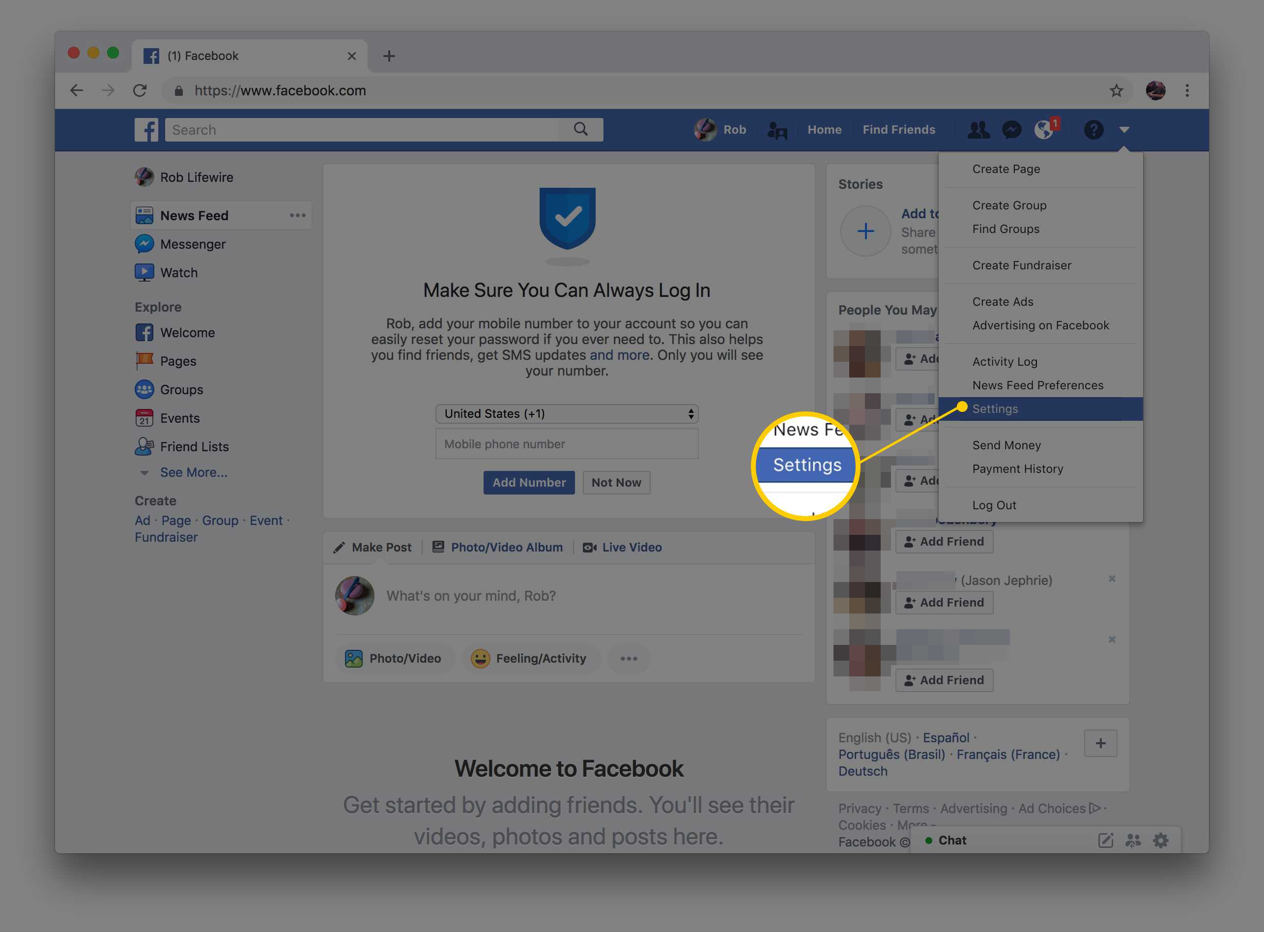 Schermafbeelding van de knop Facebook-instellingen