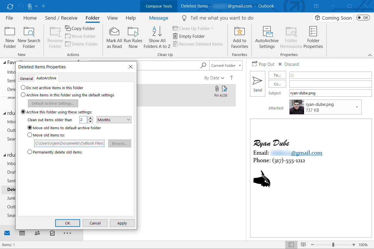 Schermafbeelding van het venster Eigenschappen voor verwijderde items in Outlook