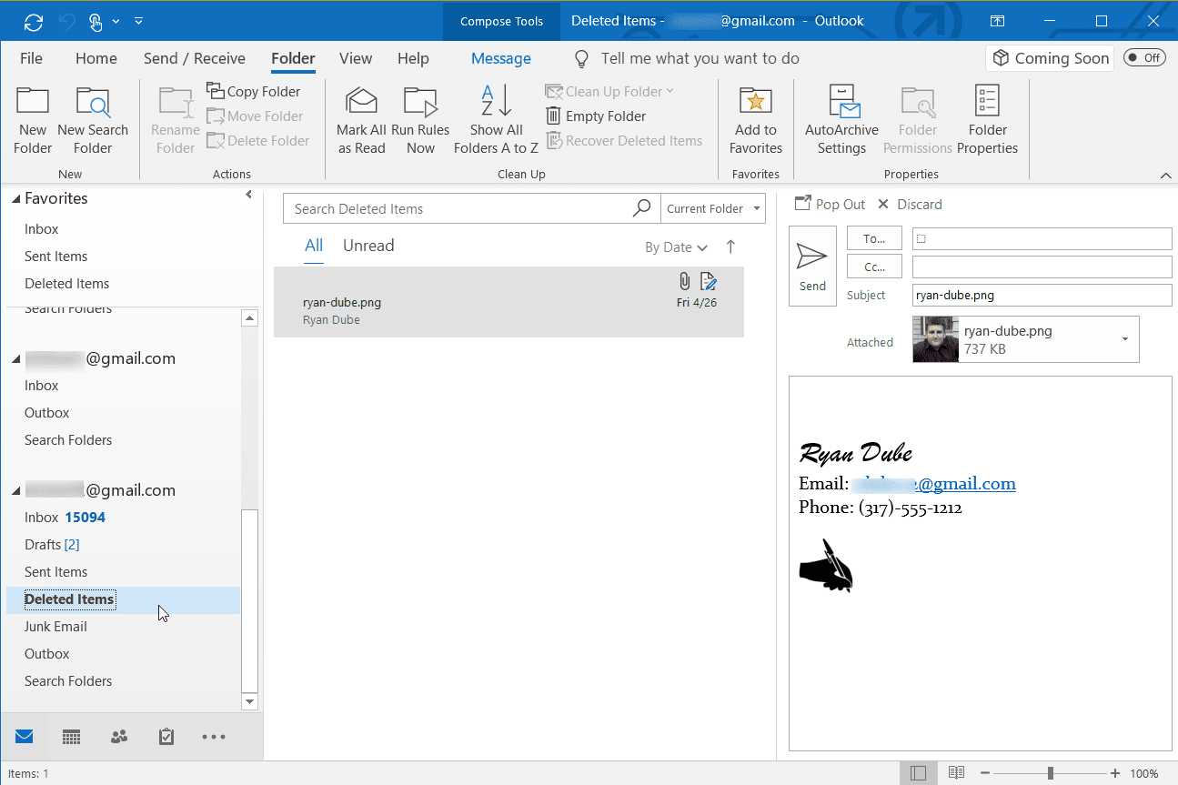Screenshot van het selecteren van de map Verwijderde items in Outlook