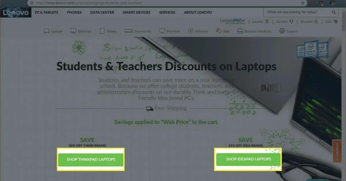De Lenovo-pagina Kortingen voor studenten en docenten.