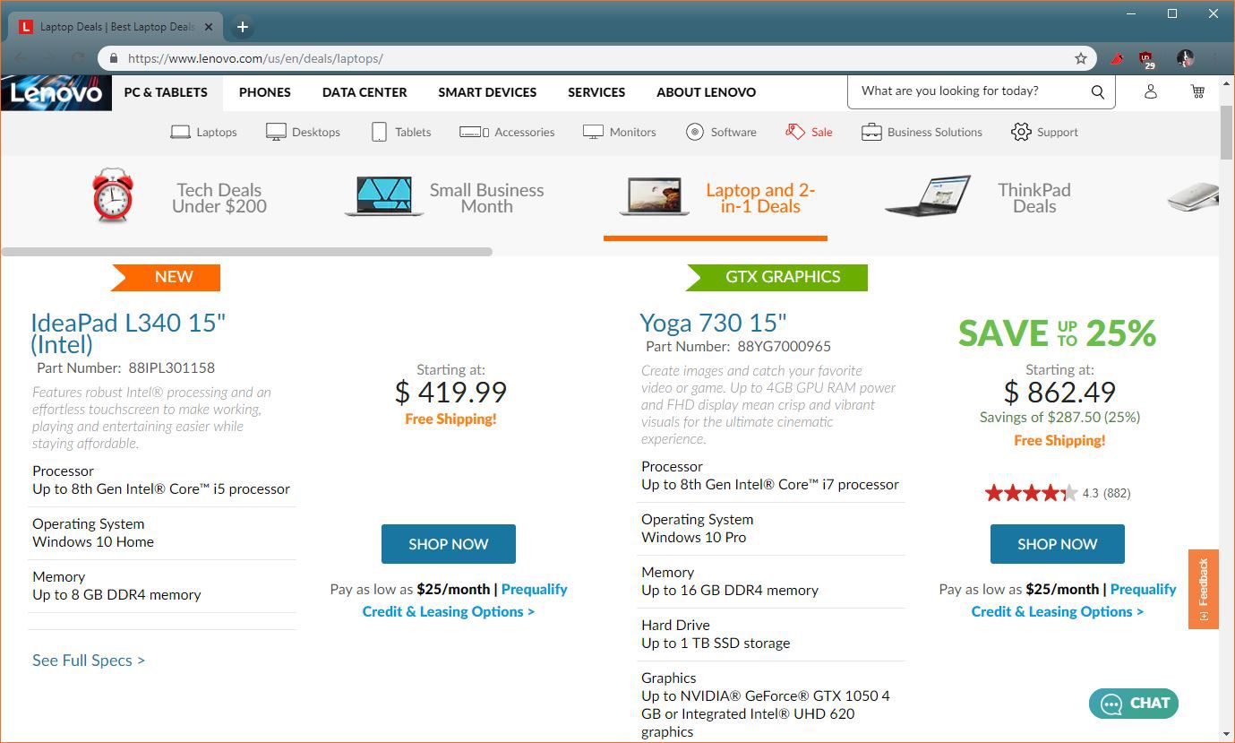 Een screenshot van de Lenovo-winkel.