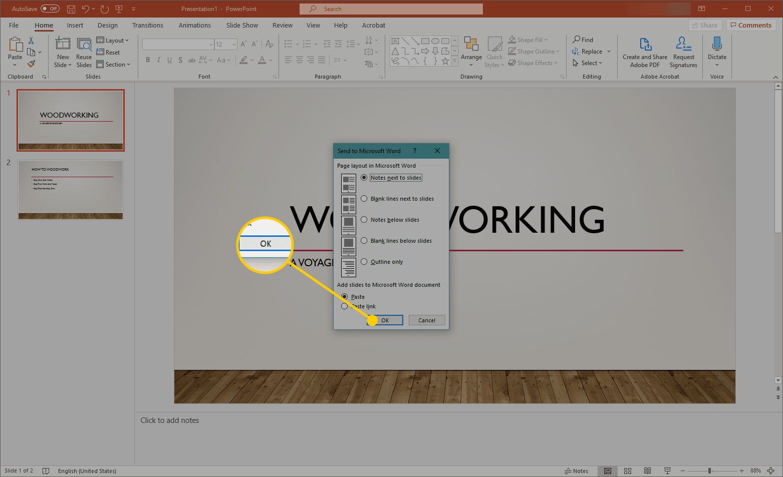 Verzenden naar Microsoft Word-venster in PowerPoint met de OK-knop gemarkeerd