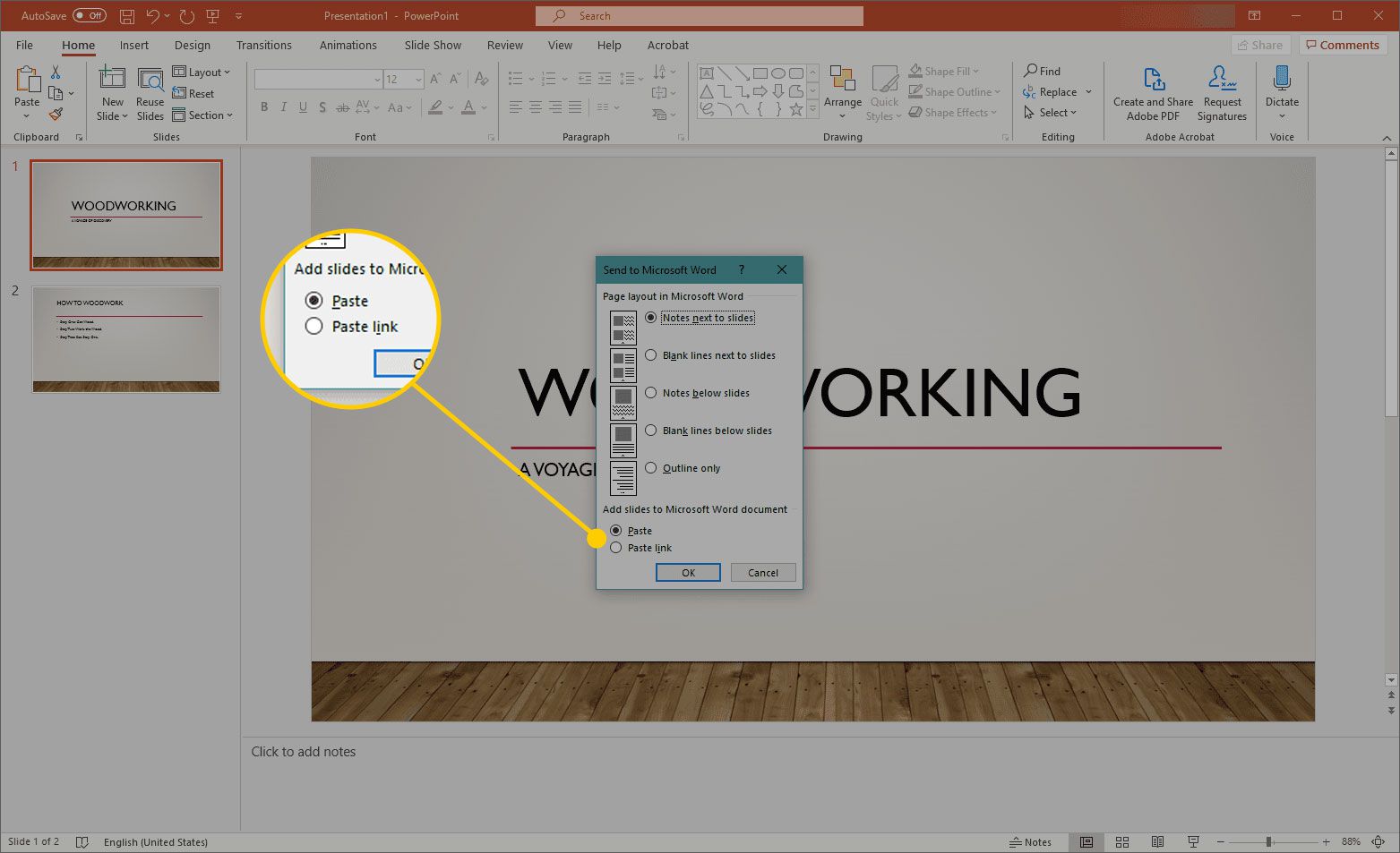Verzenden naar Microsoft Word-venster in PowerPoint met de opties Plakken en Koppeling plakken gemarkeerd