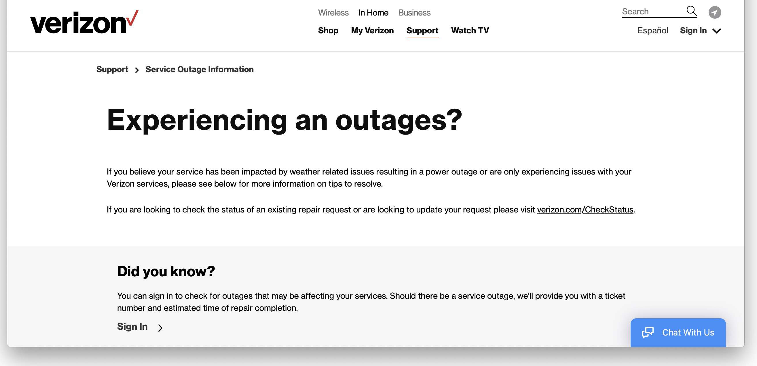 Website met informatie over Verizon Service-uitval