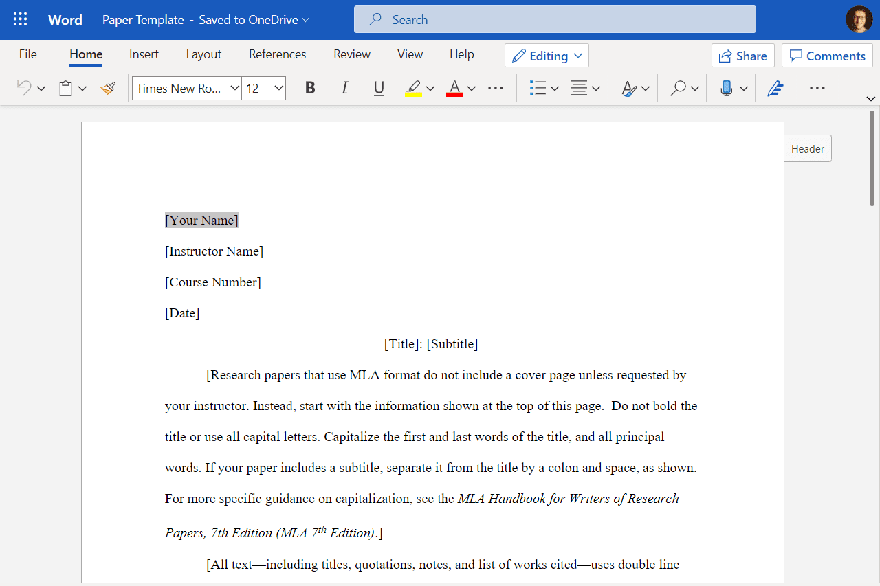 Screenshot van een document geopend in de gratis online versie van Microsoft Word