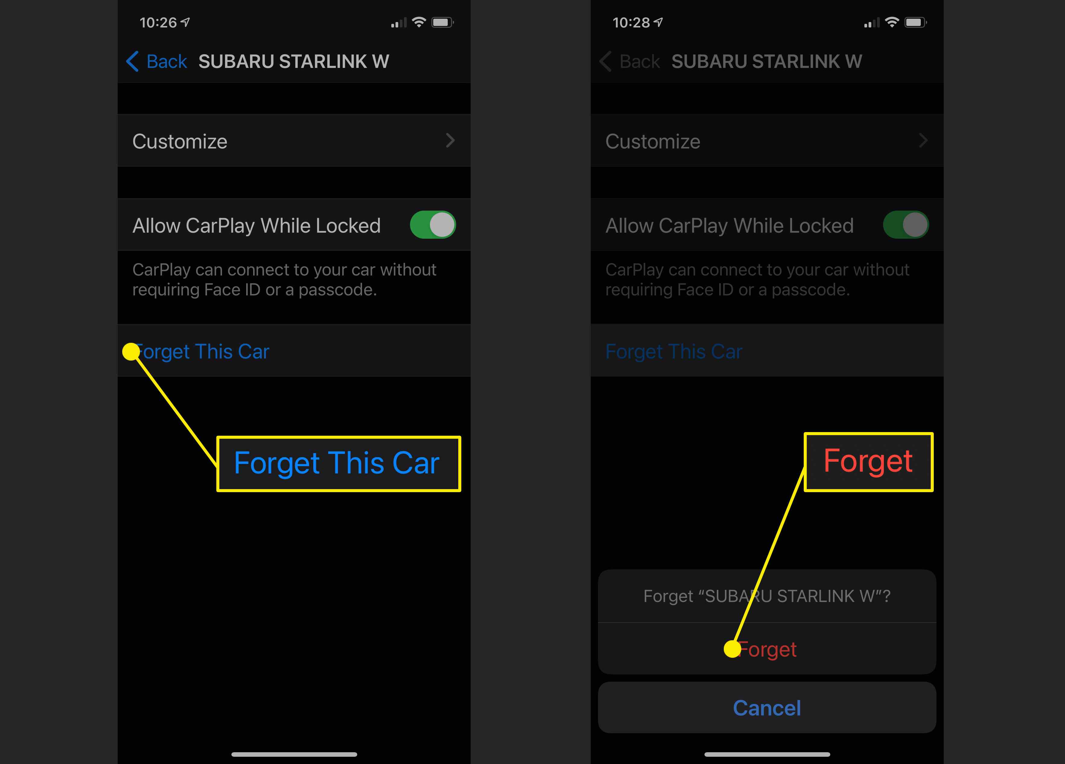 Screenshots van de opties om een ​​auto te vergeten in Apple CarPlay.