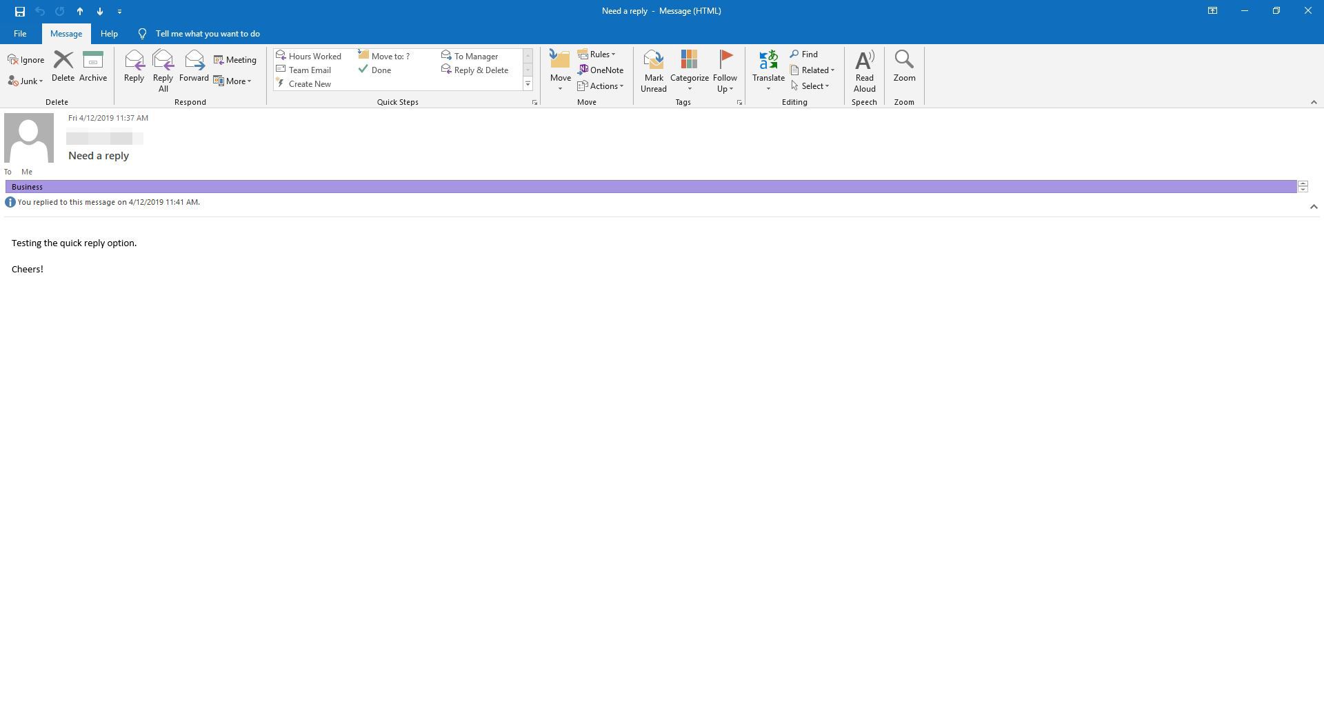 Er is een bericht verzonden via snelle stappen in Outlook.