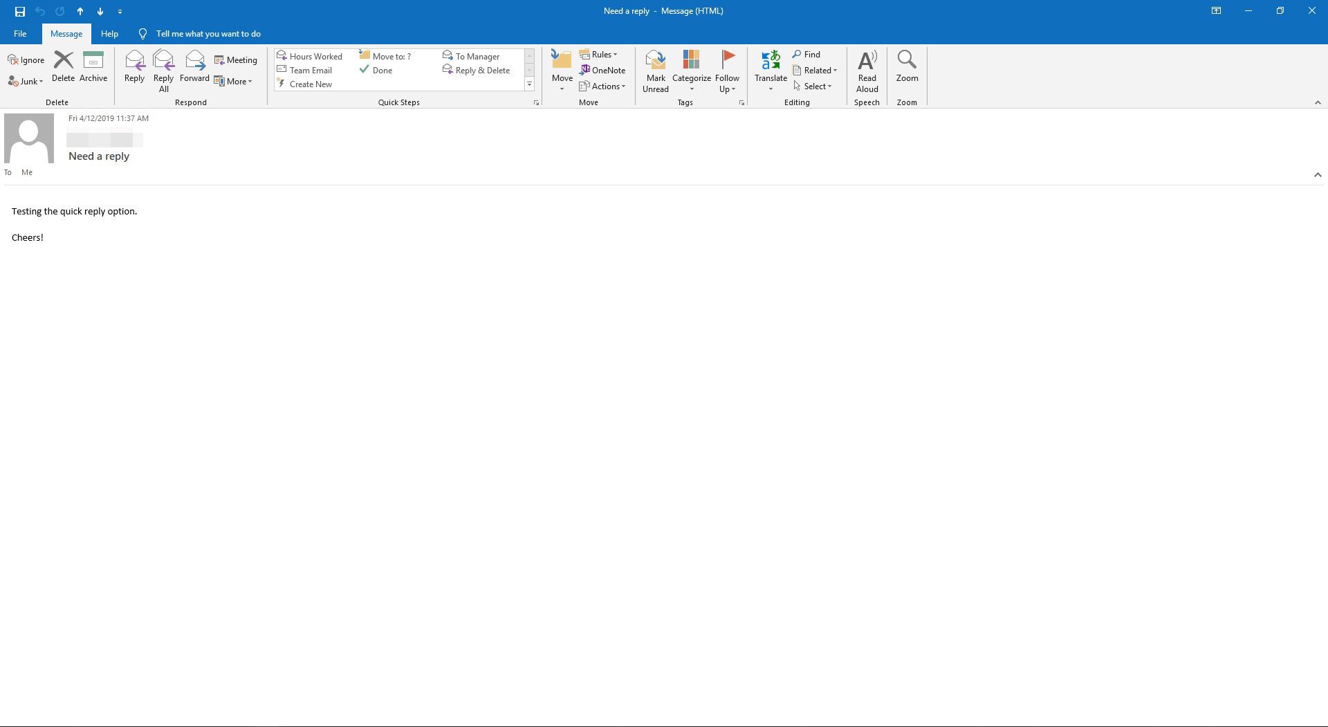 Een geopende e-mail in Outlook.