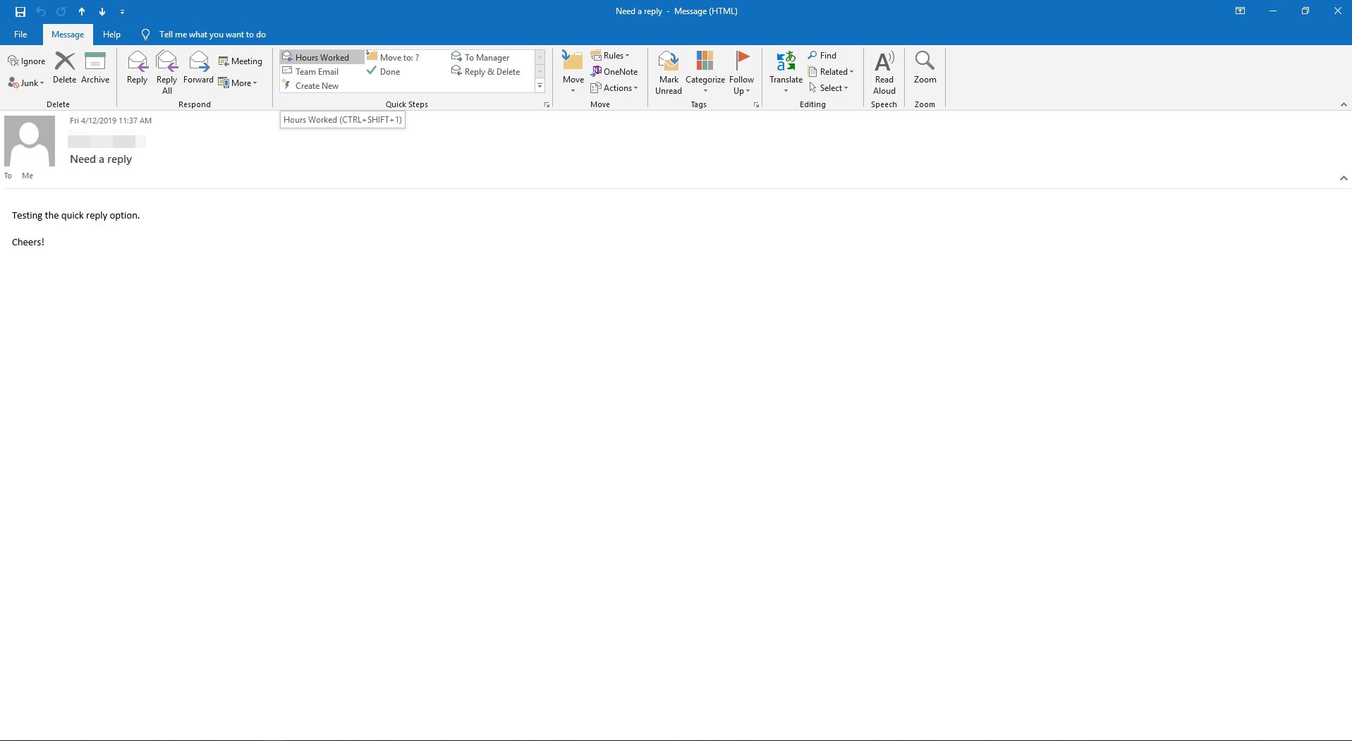 Een antwoord met snelle stappen selecteren in Outlook.