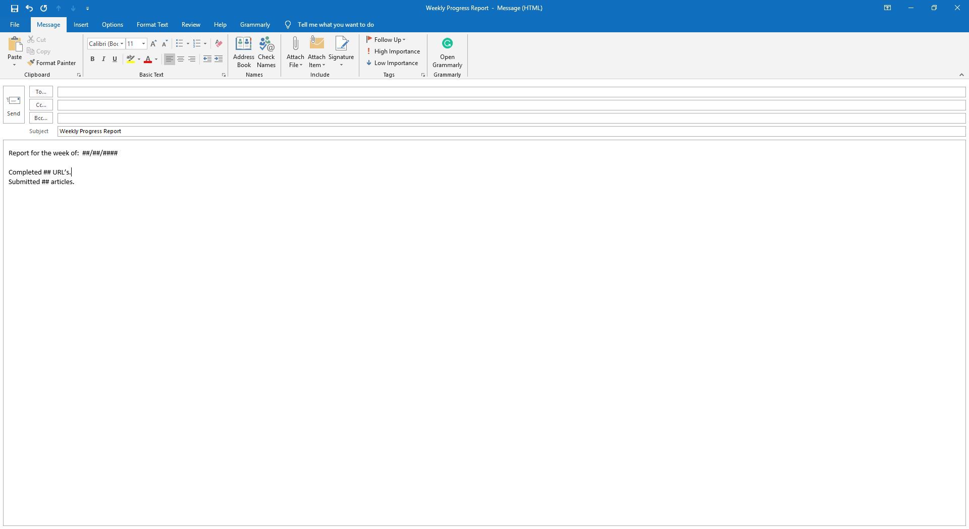 Tekst invoeren in de hoofdtekst van een e-mail in Outlook.
