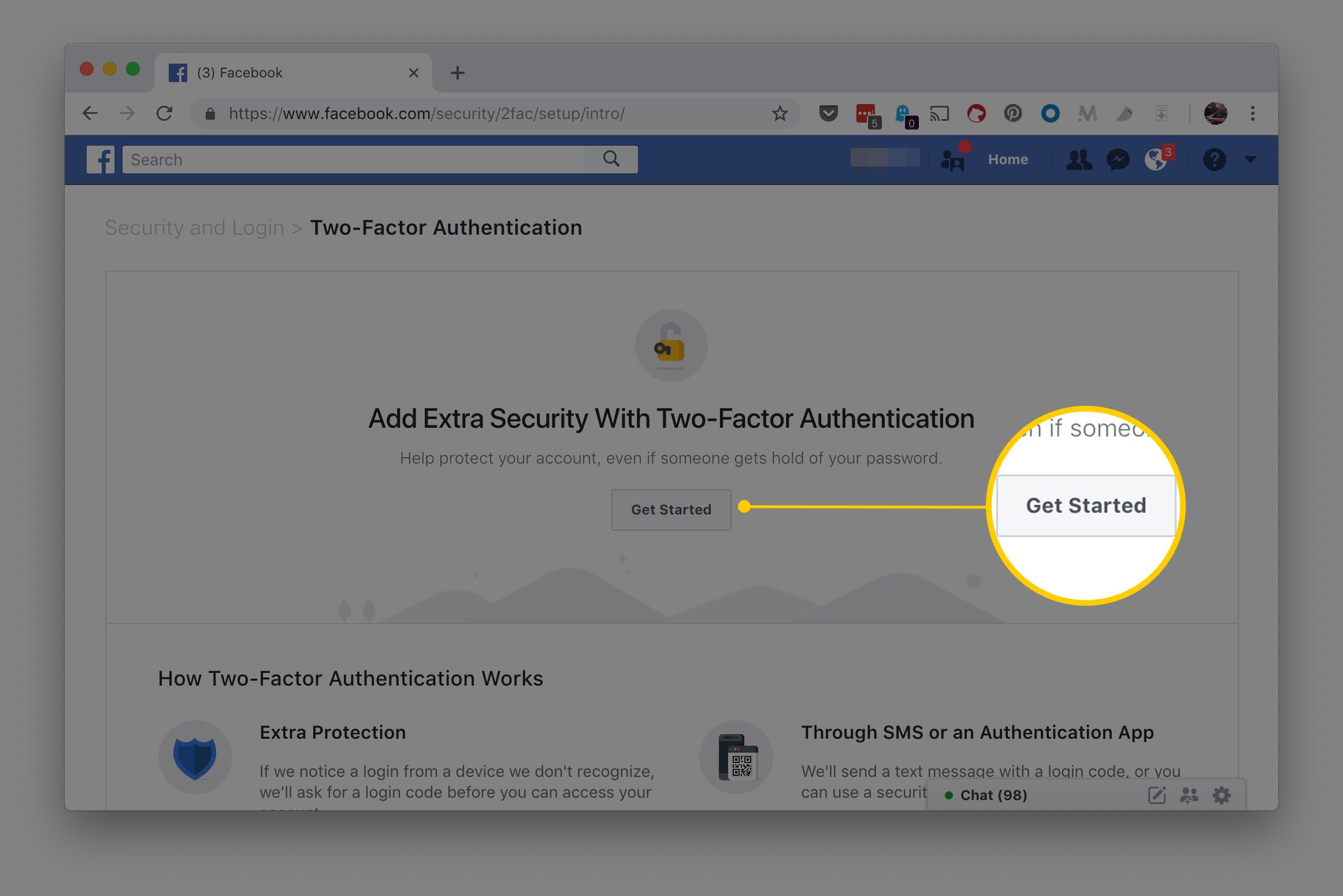 Aan de slag-knop gemarkeerd op Facebook's Two-Factor Authentication-pagina