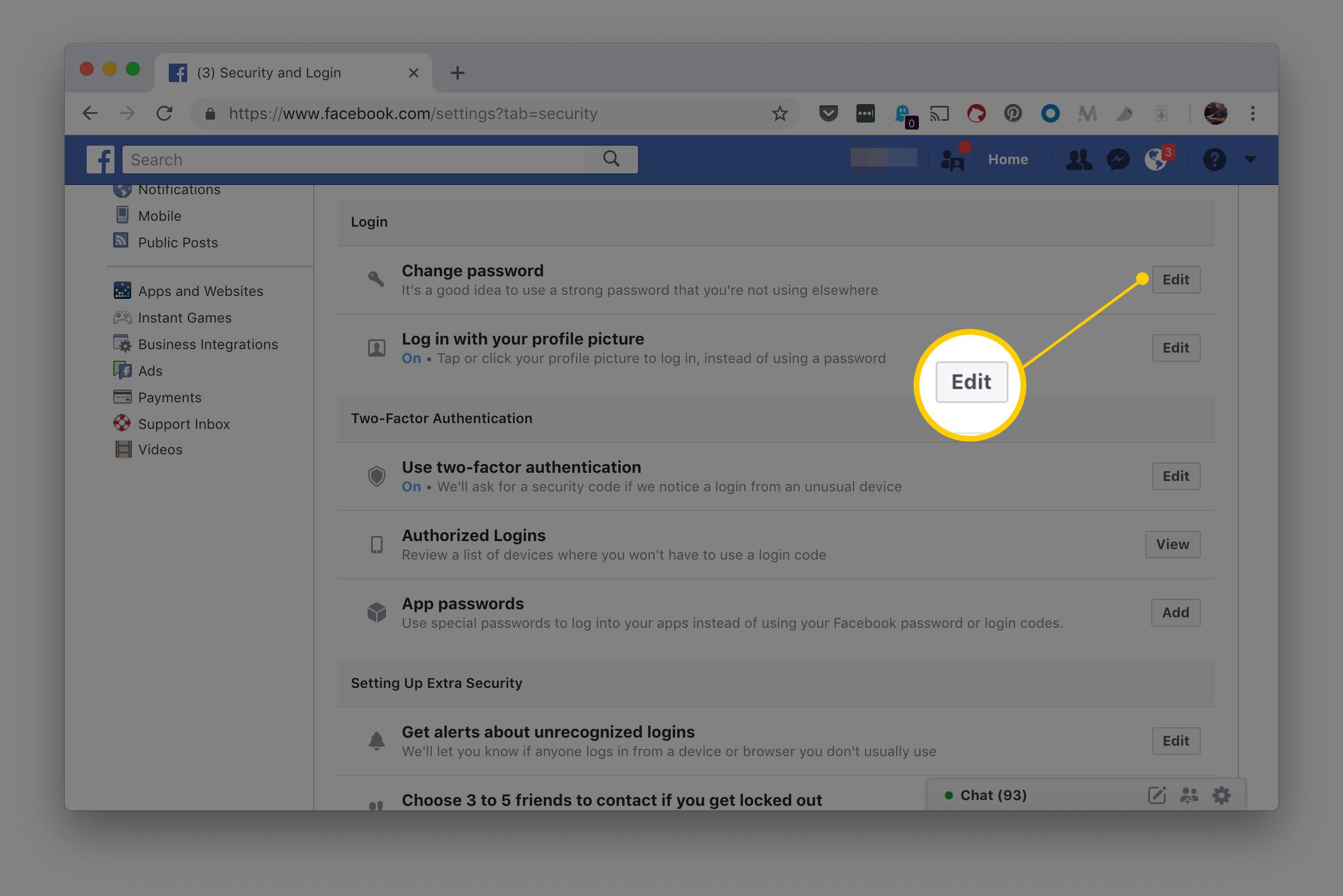 Bewerkknop voor het wijzigen van het wachtwoordsysteem op de beveiligings- en aanmeldingspagina van Facebook