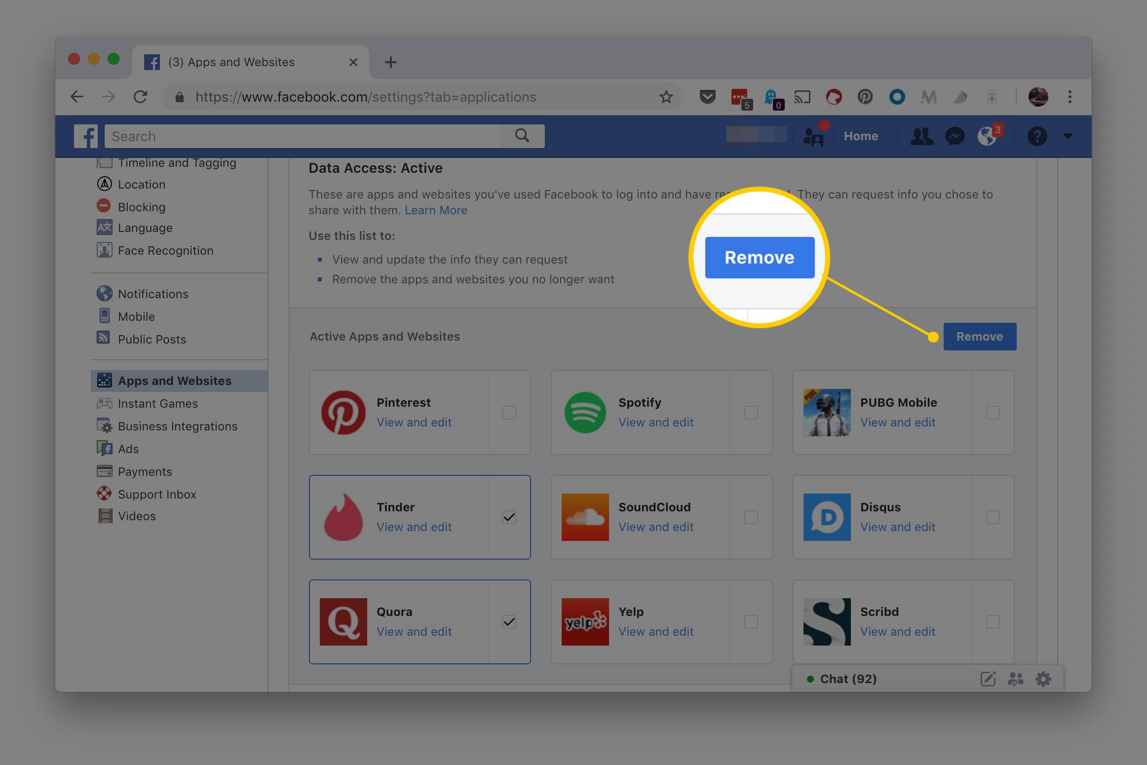 Knop Verwijderen gemarkeerd op een screenshot van de instellingenpagina voor apps en websites op Facebook