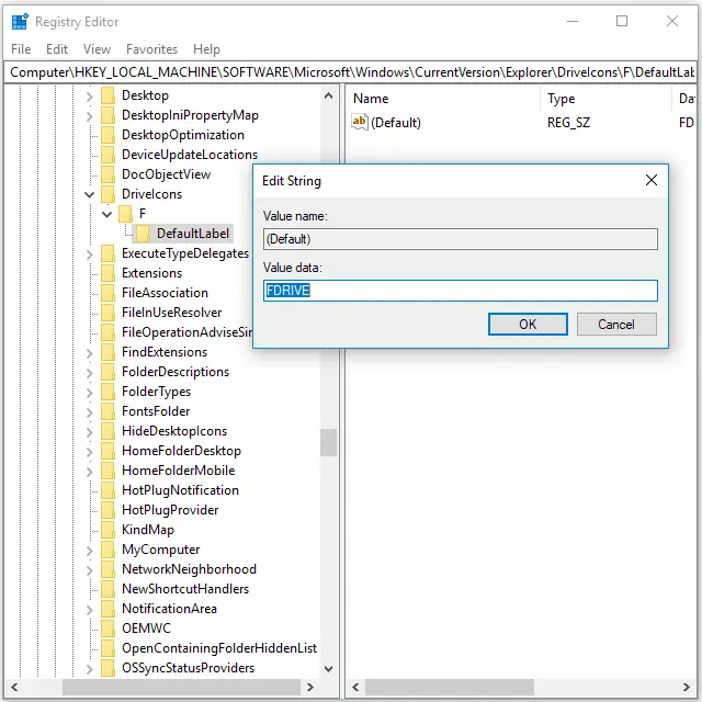 volumelabel optie in Windows Register in Windows 10