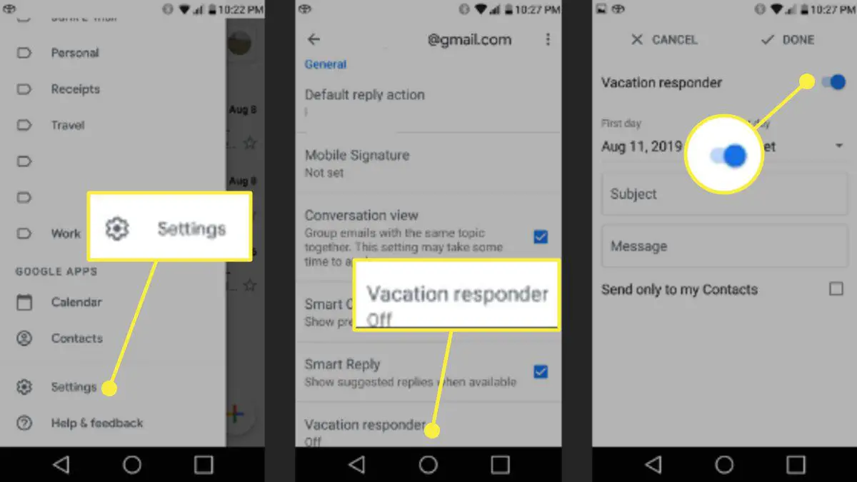 Schermafbeeldingen van de Gmail-app die laten zien hoe je de vakantie-responder inschakelt