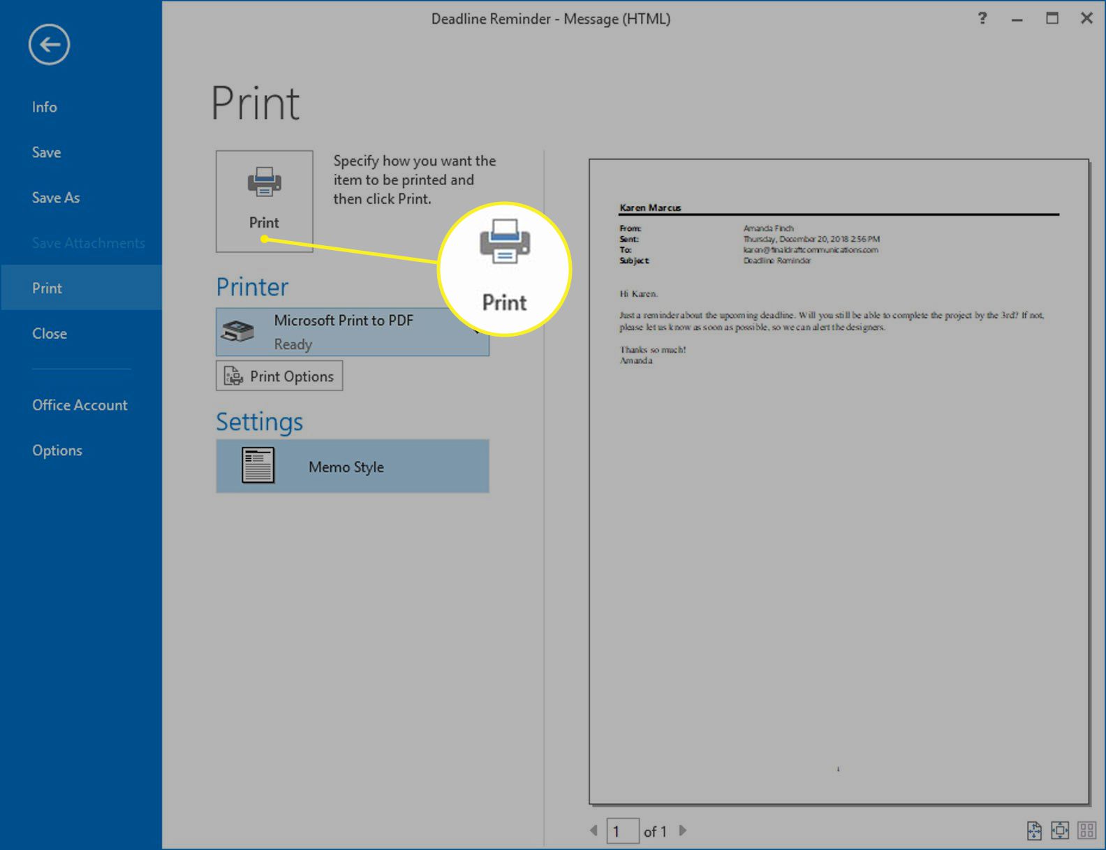 Outlook Print-scherm met Print-knop gemarkeerd