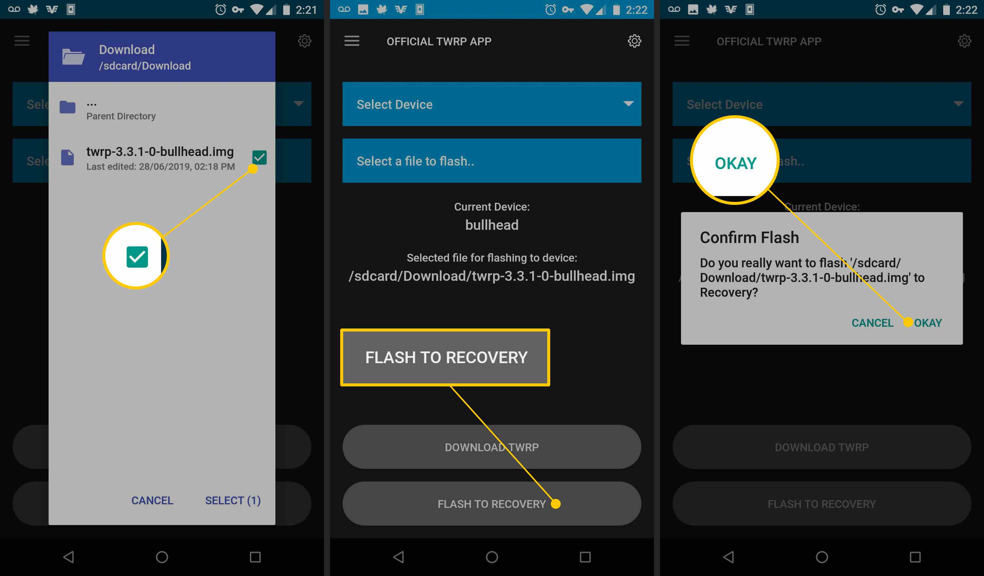 Download selectievakje, knop Flash naar herstel, knop OK om te bevestigen in TWRP Flash-app