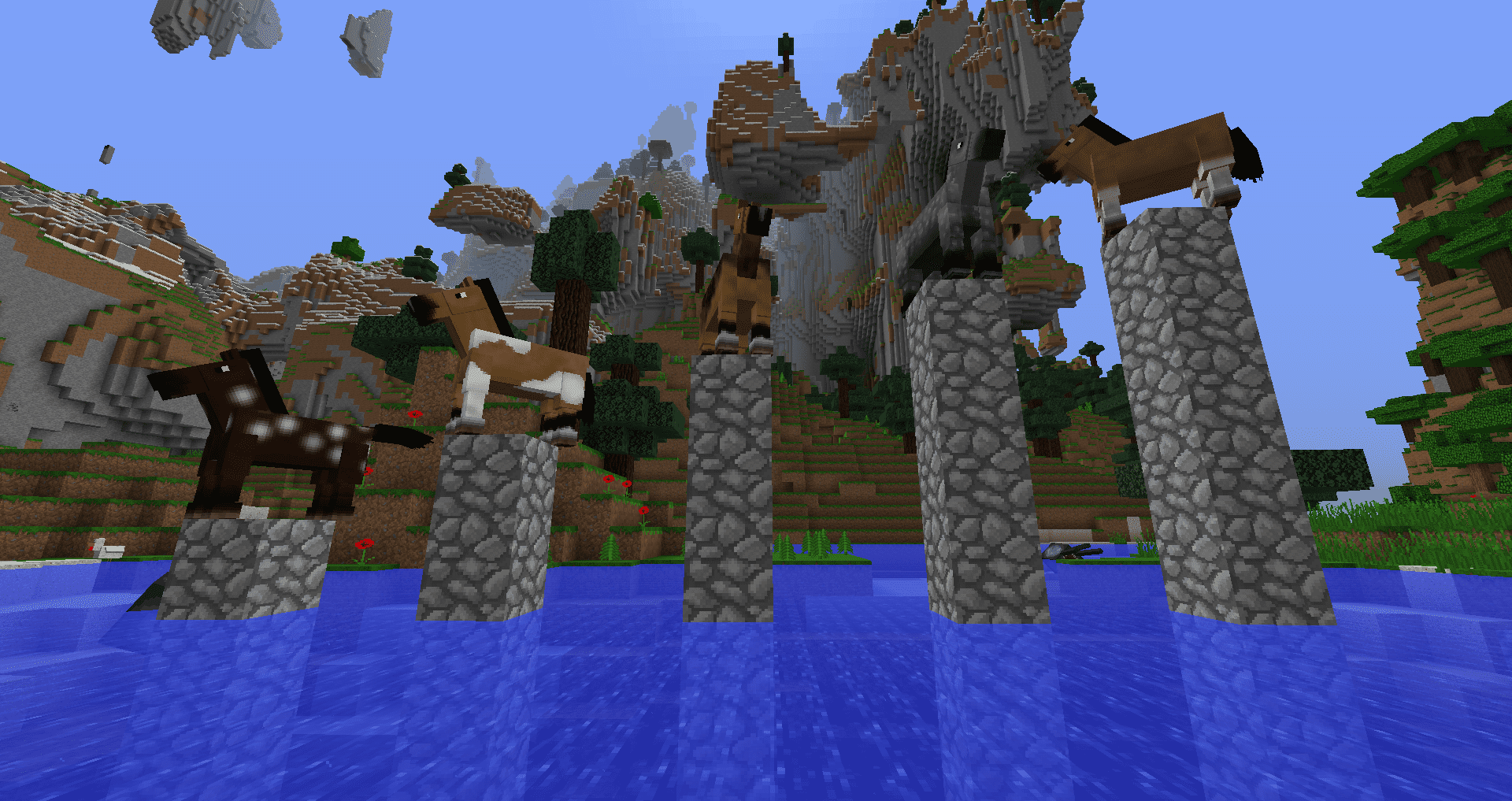 Minecraft screenshot van paarden op pilaren boven water
