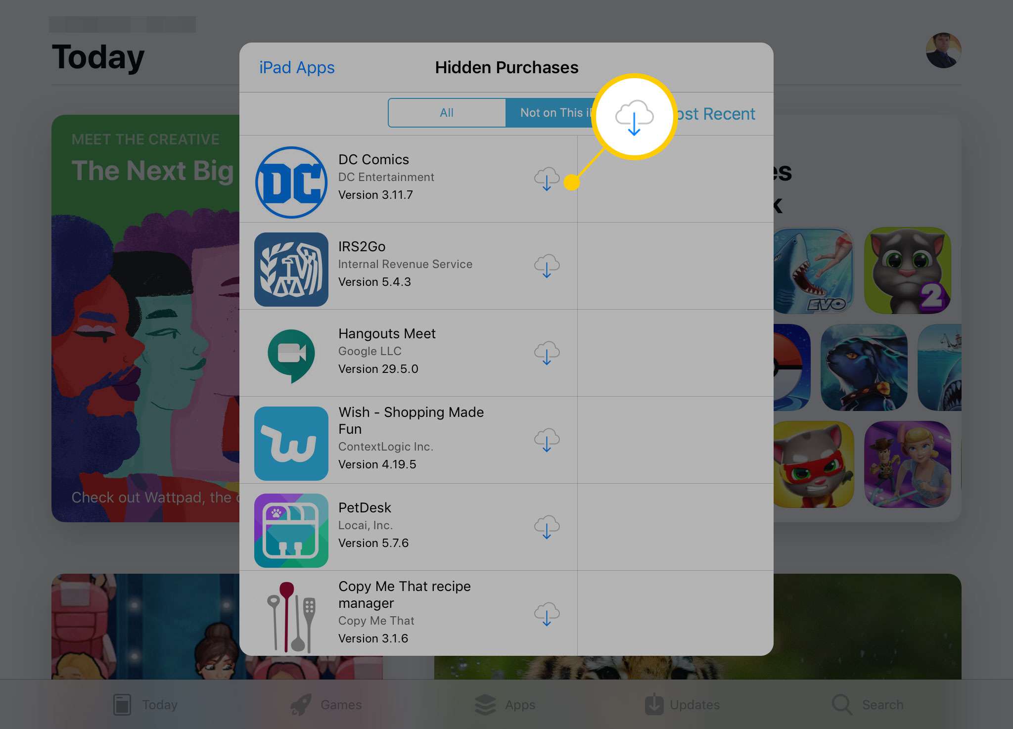 Scherm Verborgen aankopen in de App Store op iPad