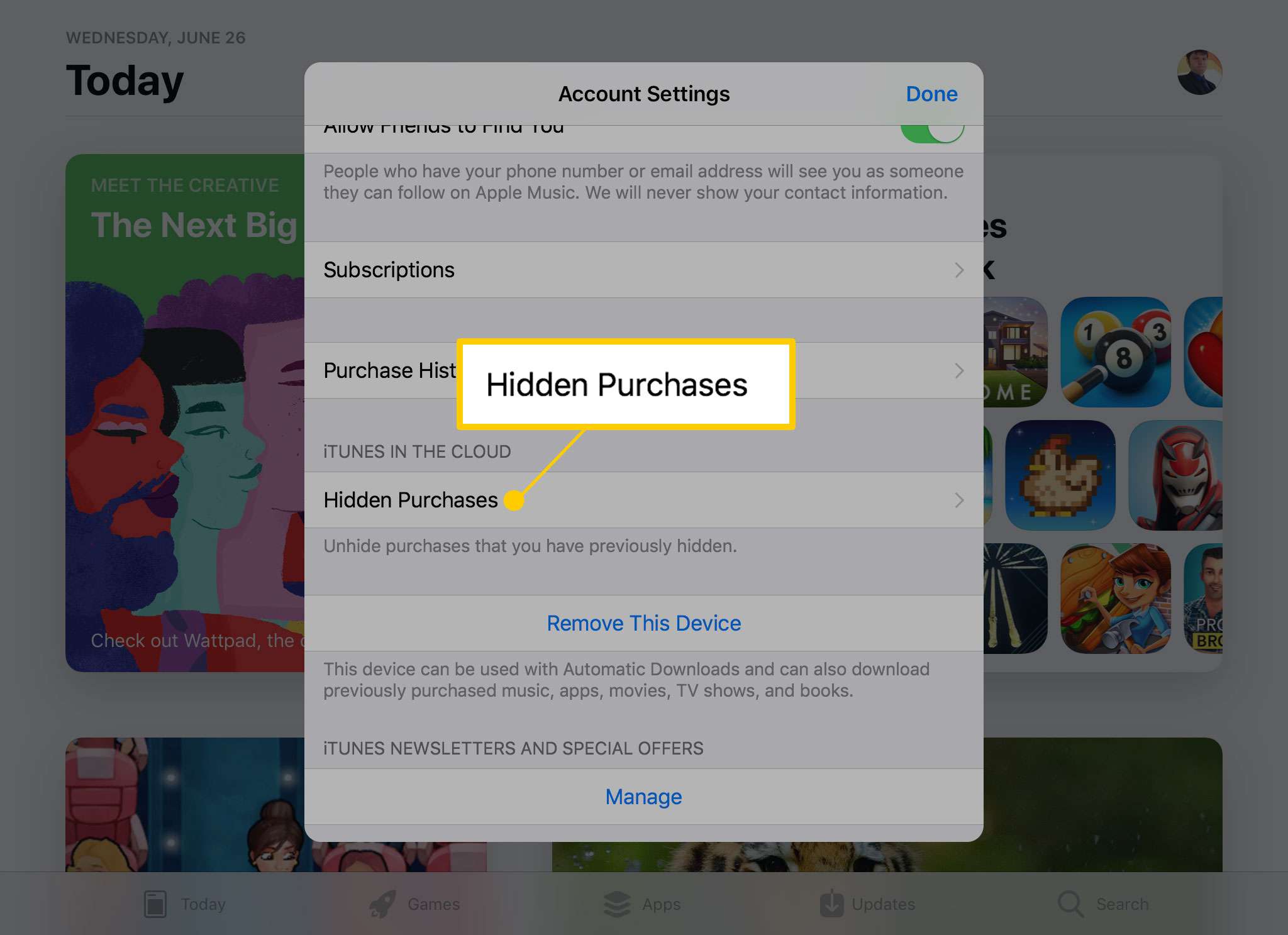 De optie Verborgen aankopen in de App Store op iPad