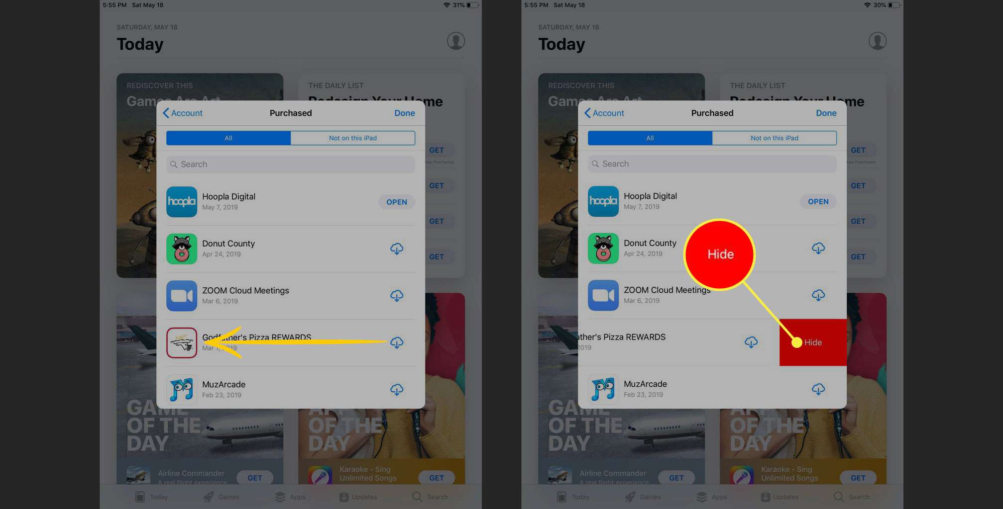 Een screenshot van de App Store op iPad met de verbergknop gemarkeerd