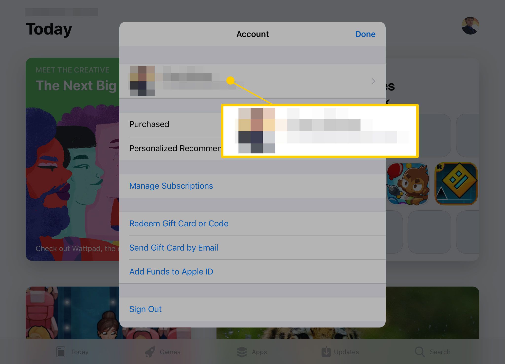 Accountmenu in de App Store op iPad