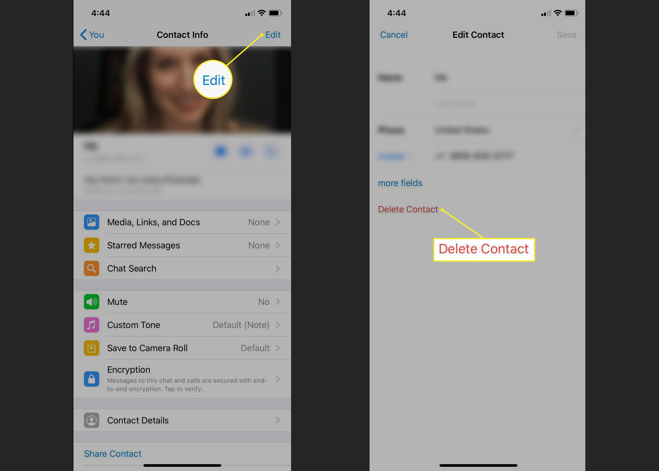 WhatsApp Bewerk Contact-scherm met Verwijder Contact gemarkeerd