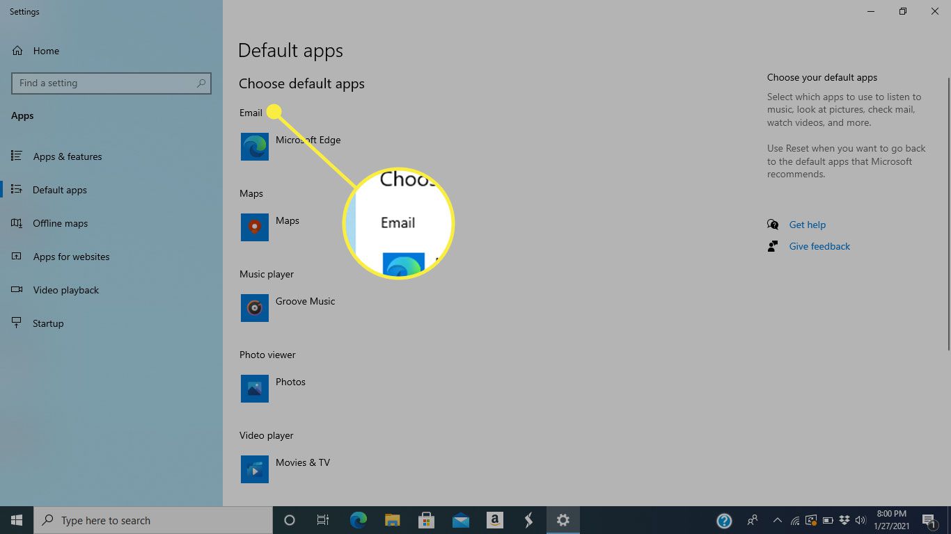 De kop E-mail in het scherm Standaardapps van Windows 10