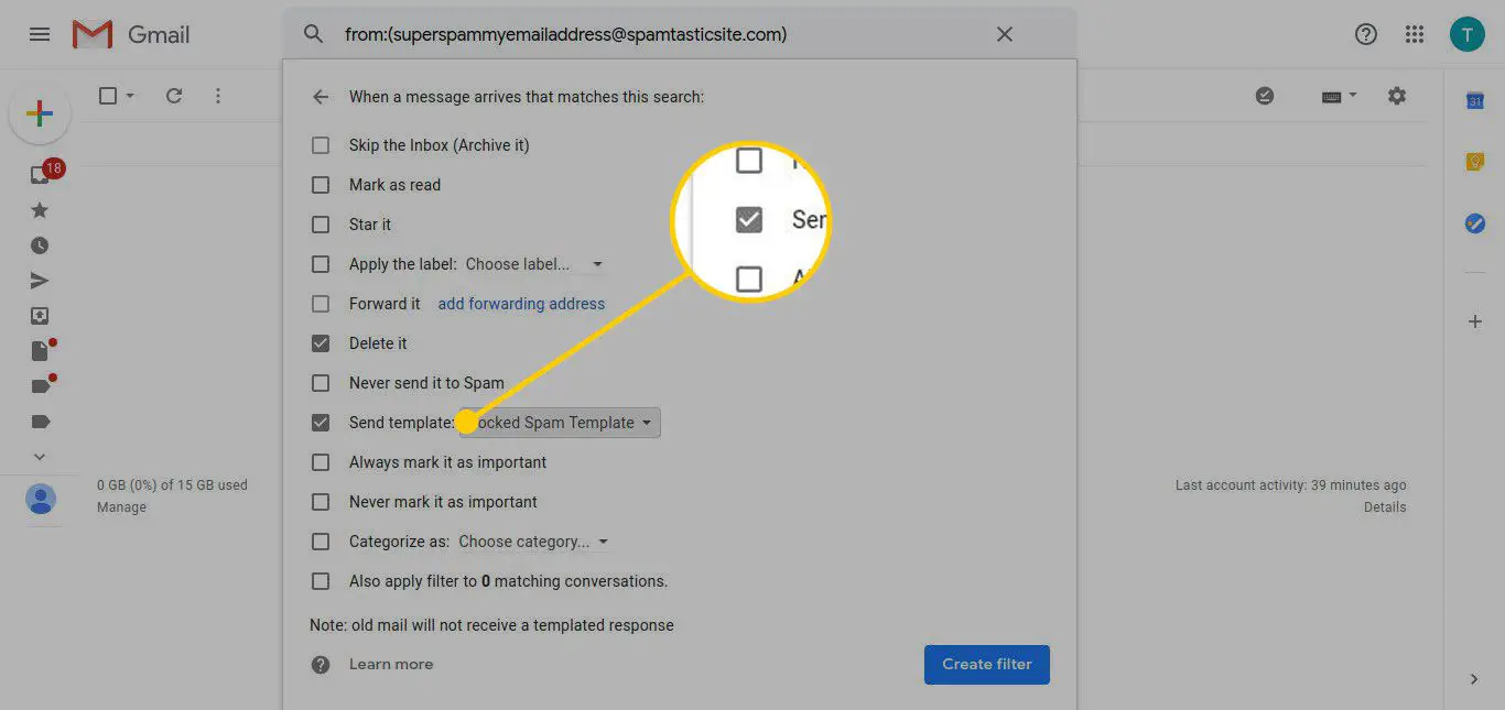 Gmail-filterinstellingen met "Sjabloon verzenden" gemarkeerd
