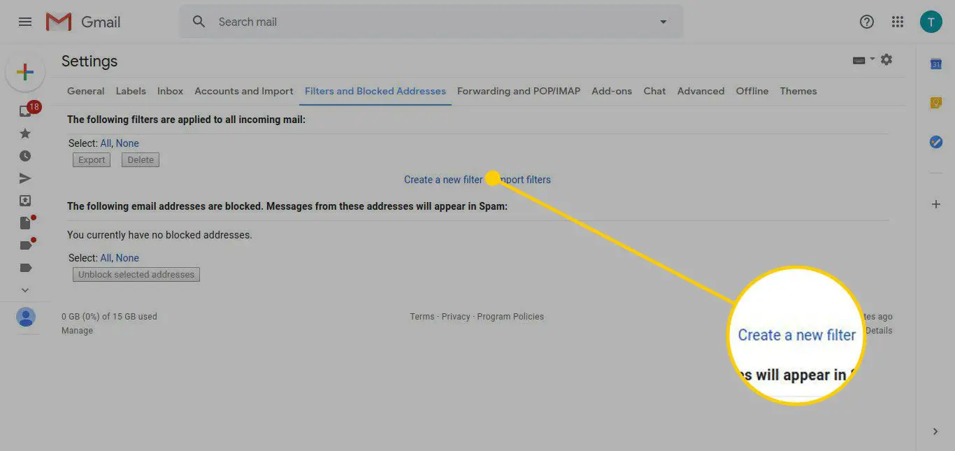 Instellingen voor Gmail-filters en geblokkeerde adressen met de knop Een nieuw filter maken gemarkeerd