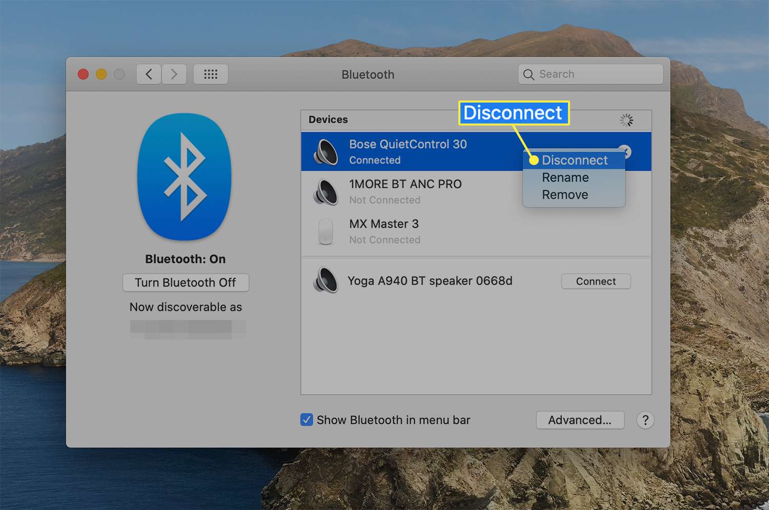 De optie Verbinding verbreken van een verbonden Bluetooth-apparaat op macOS