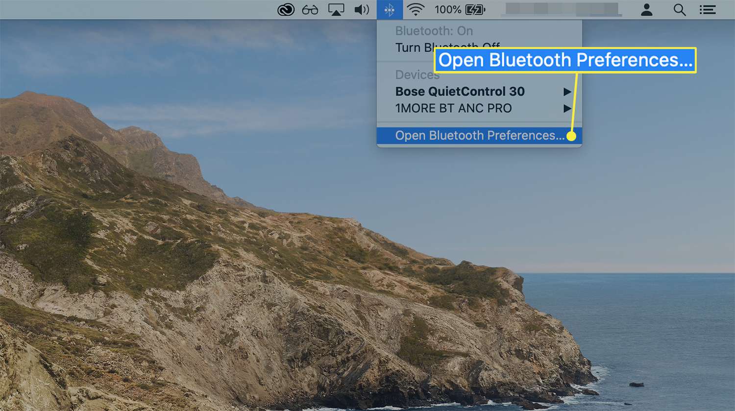Open de optie Bluetooth-voorkeuren via het Bluetooth-menupictogram