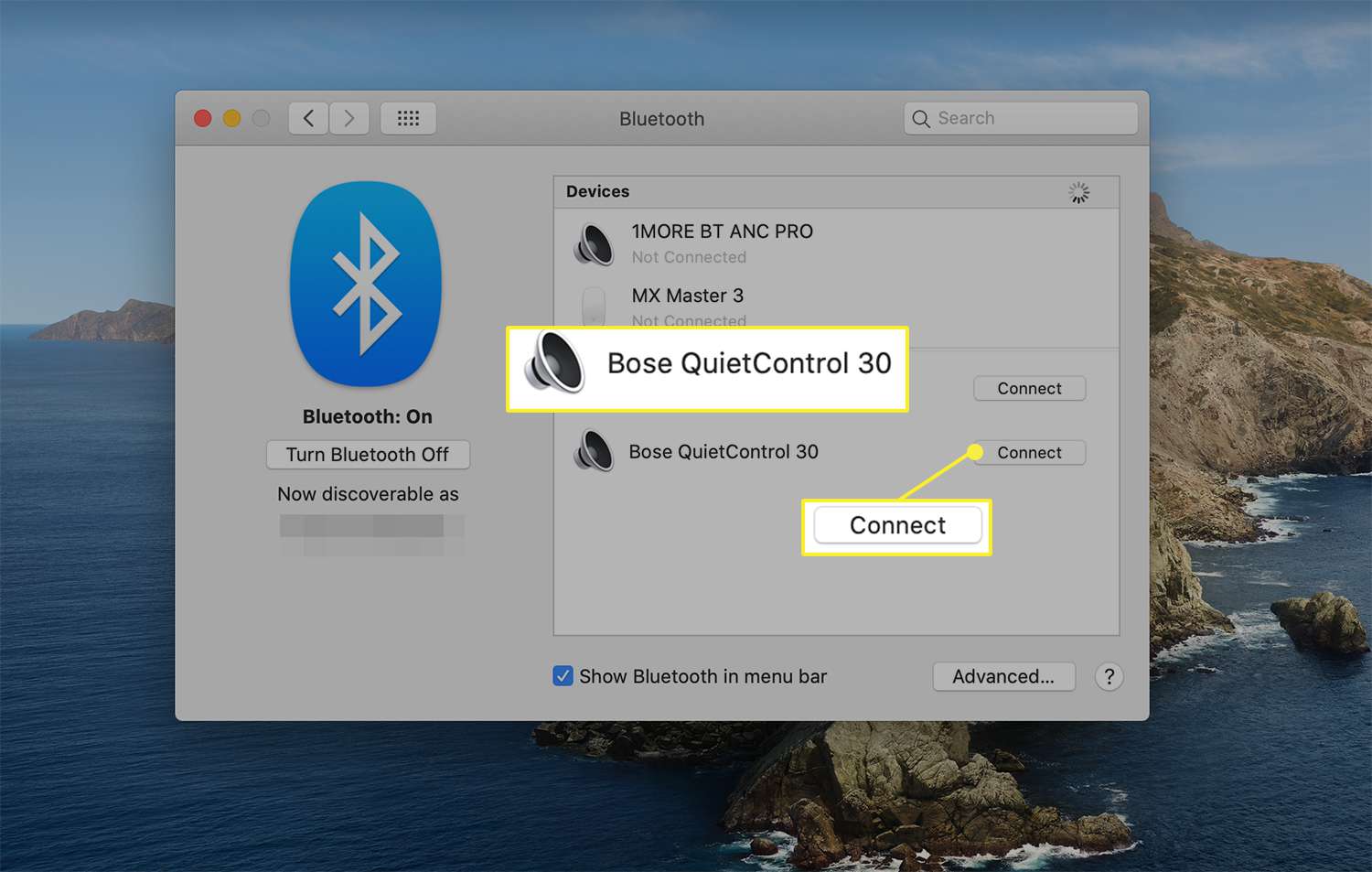 Verbindingsoptie naast een beschikbaar draadloos apparaat uit macOS Bluetooth-voorkeuren