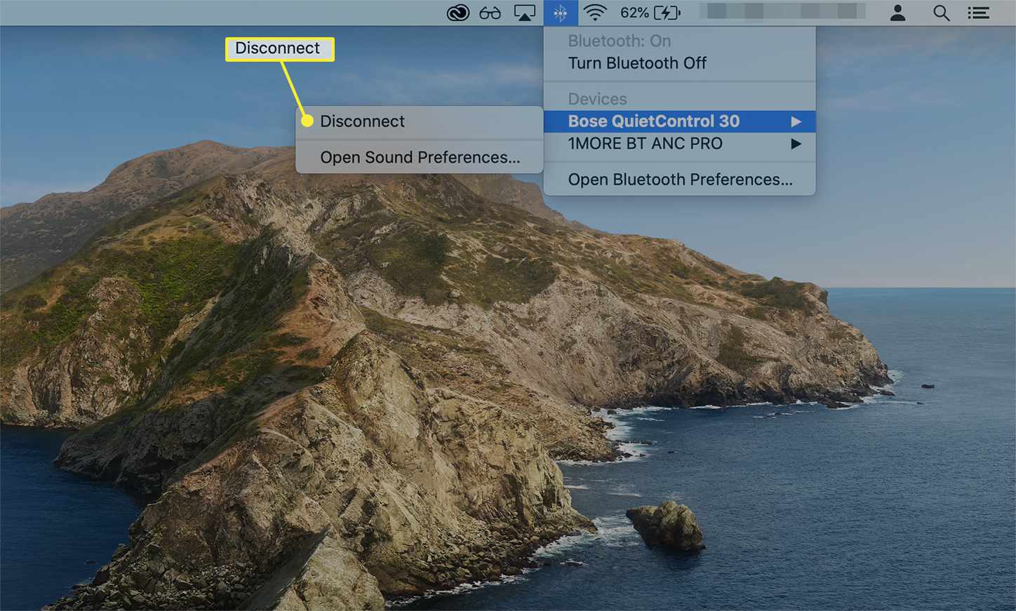 De optie Verbinding verbreken via het Bluetooth-pictogram op de menubalk van een Mac