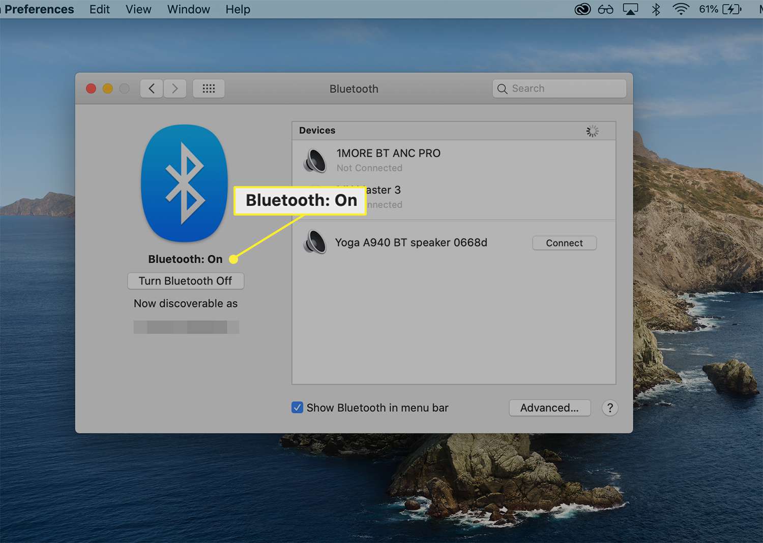 Bluetooth is ingeschakeld in het macOS Bluetooth-voorkeurenvenster