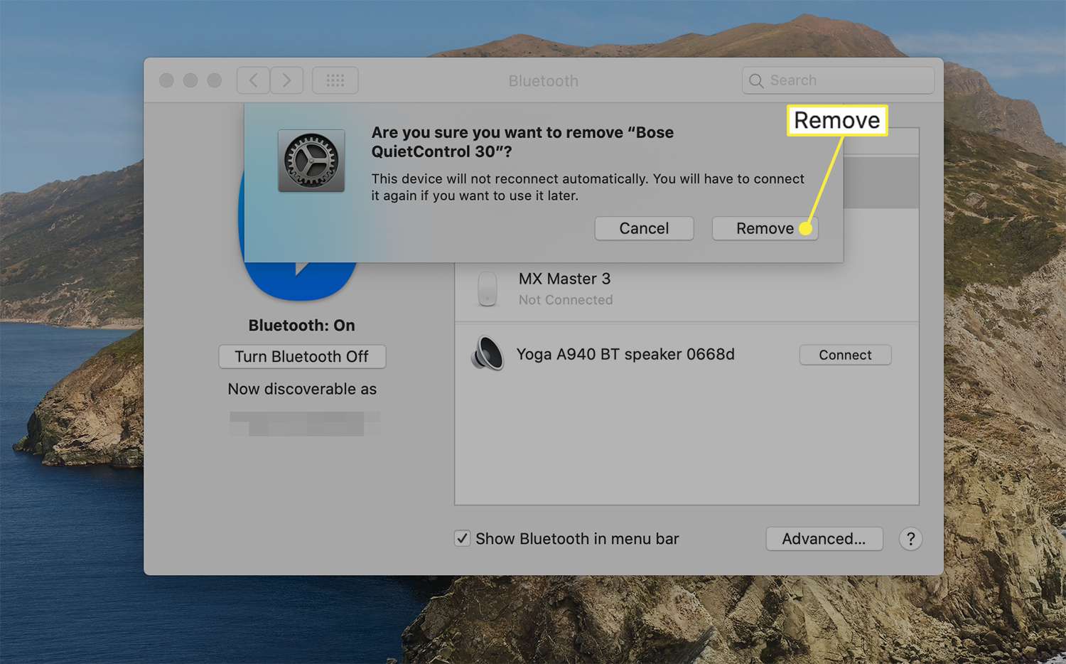 Dialoogvenster verwijderen om het ontkoppelen van een verbonden Bluetooth-apparaat op macOS te bevestigen