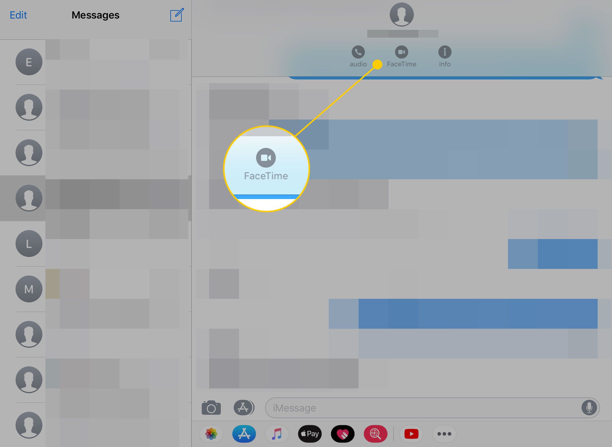 Berichten op iPad met het FaceTime-pictogram gemarkeerd
